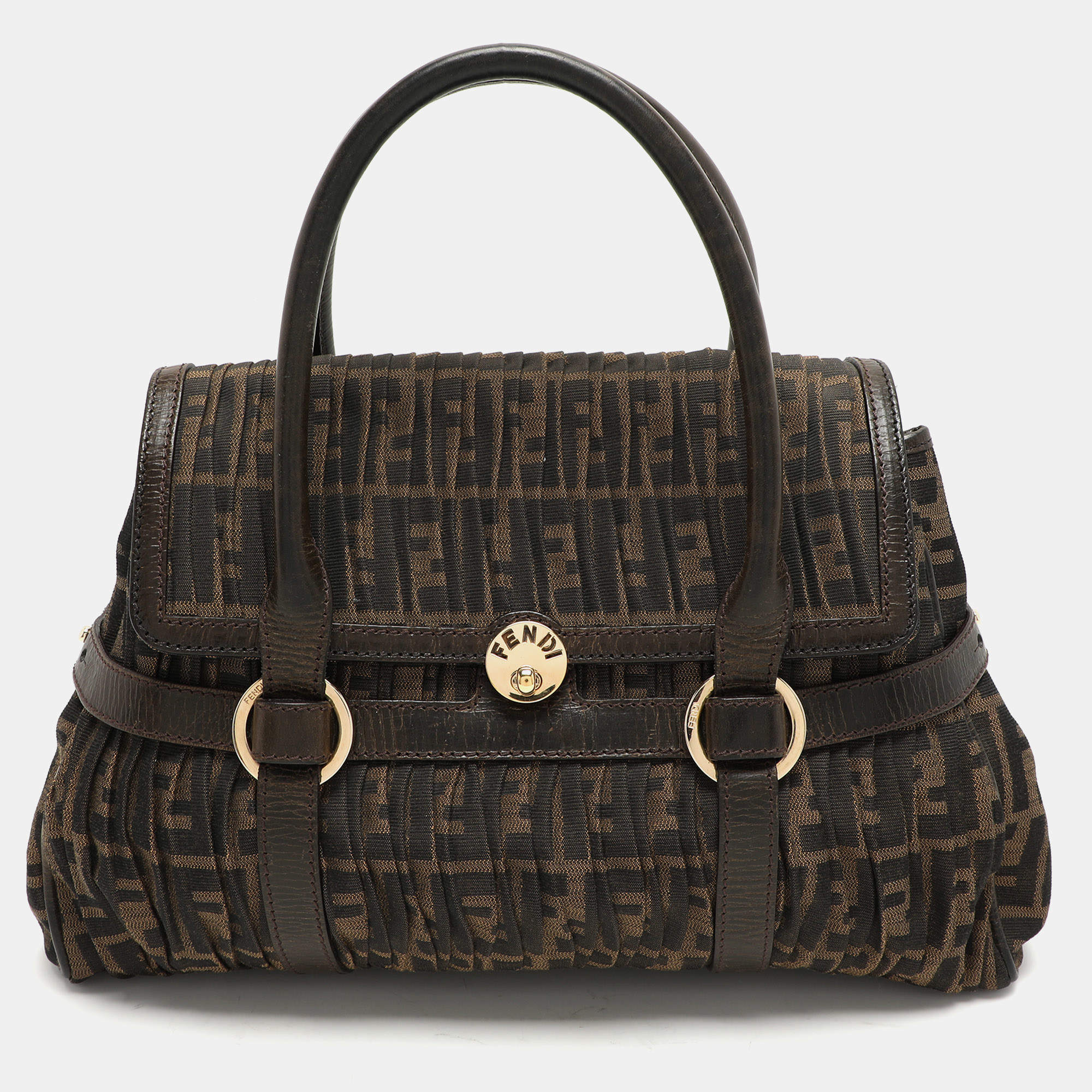 Fendi Brown Pleated FF Zucca Canvas and Leather Satchel