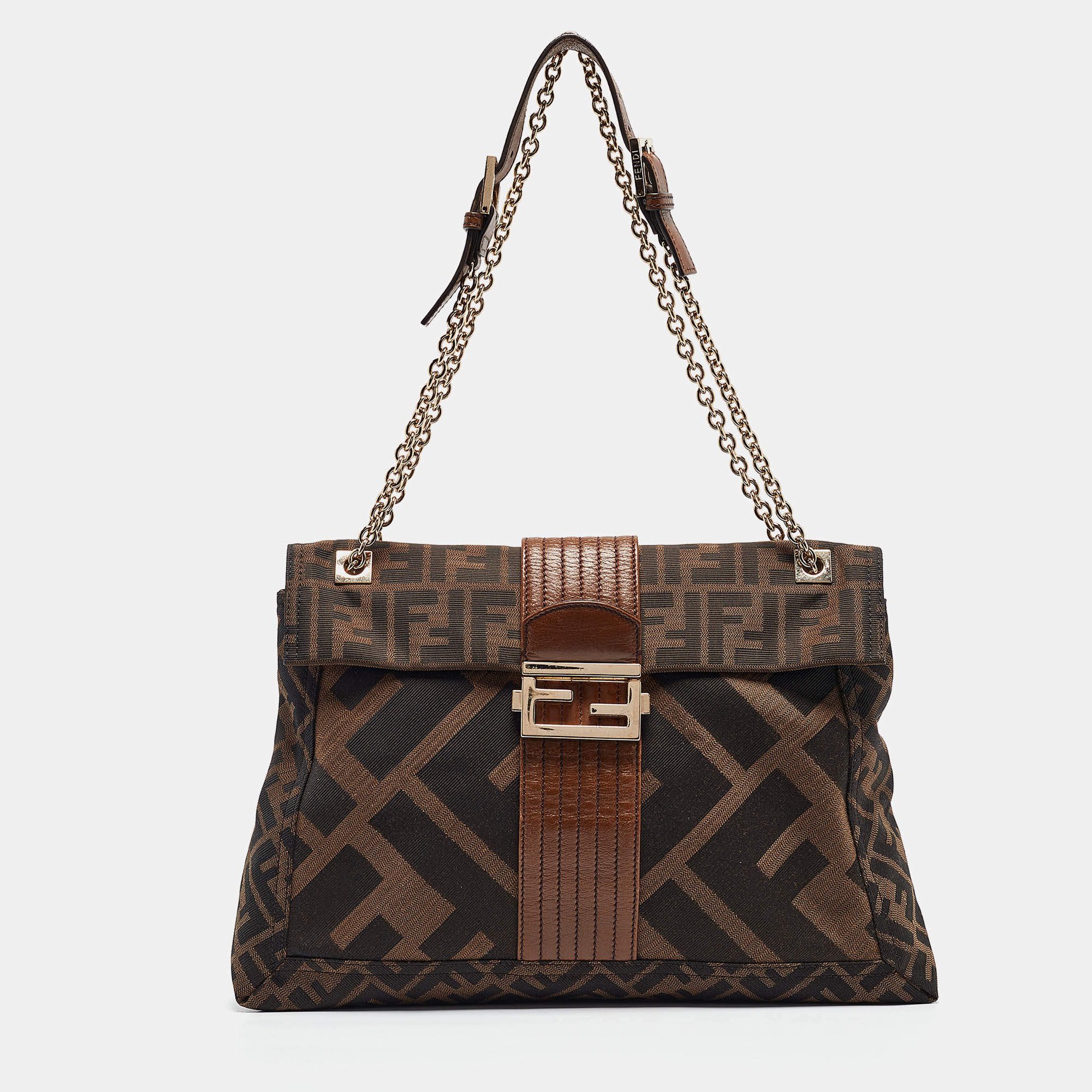 Fendi Tobacco Zucca Canvas and Leather Maxi Baguette Flap Shoulder Bag