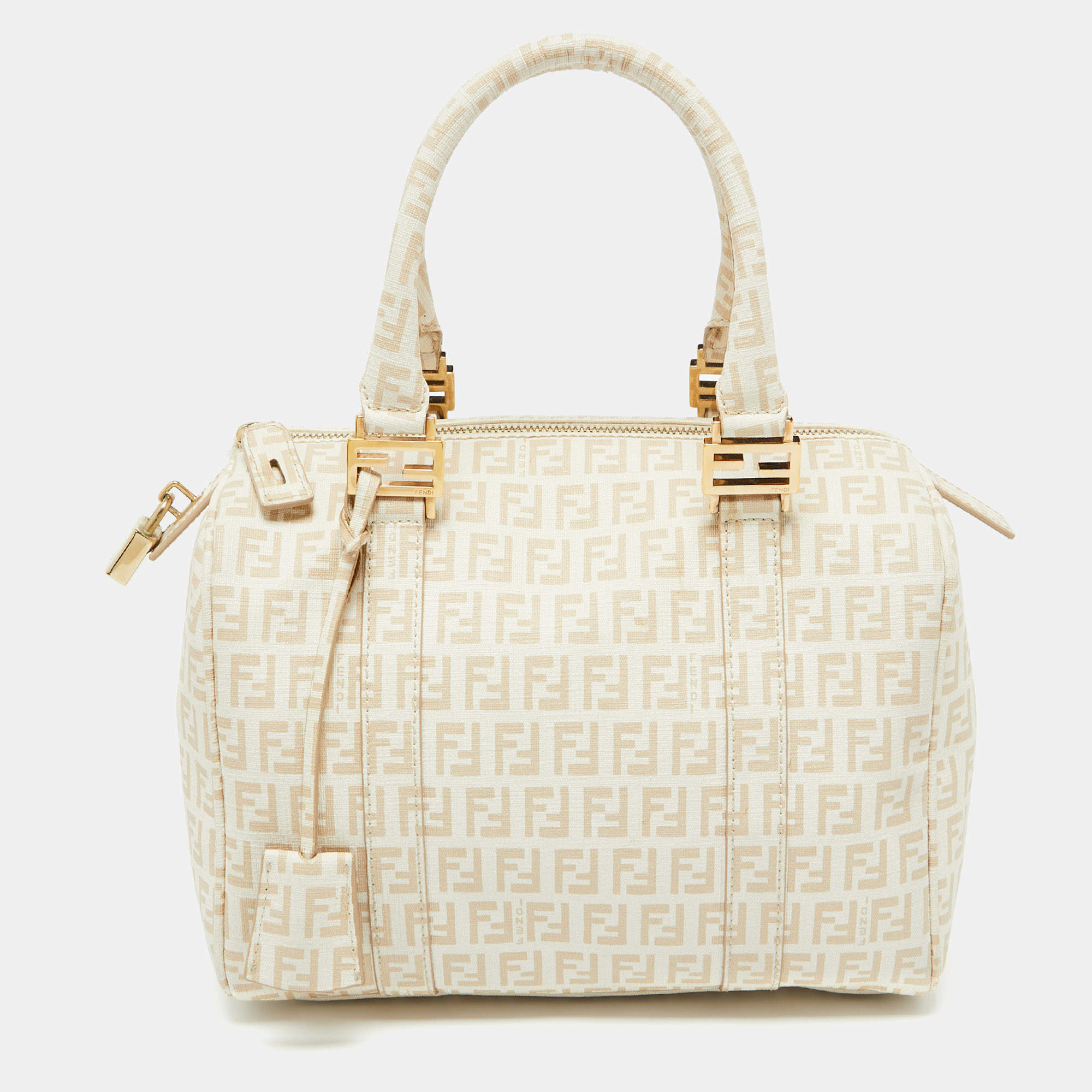 Fendi Beige Zucchino Coated Canvas and Leather Forever Bauletto Boston Bag