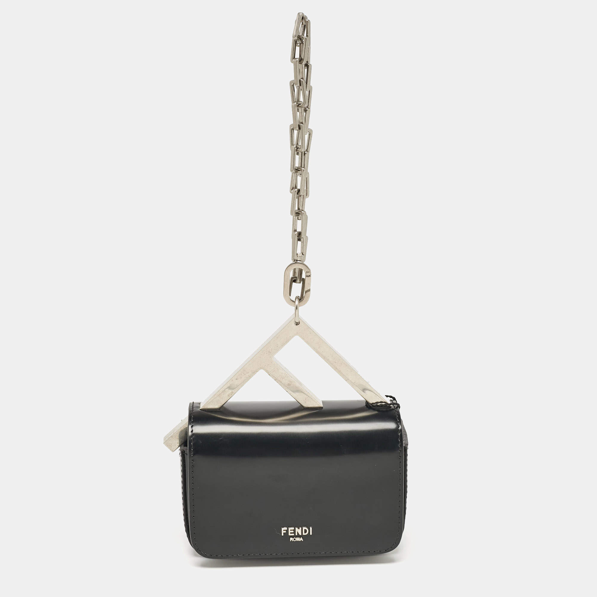 Fendi Black Leather Nano F Chain Clutch 