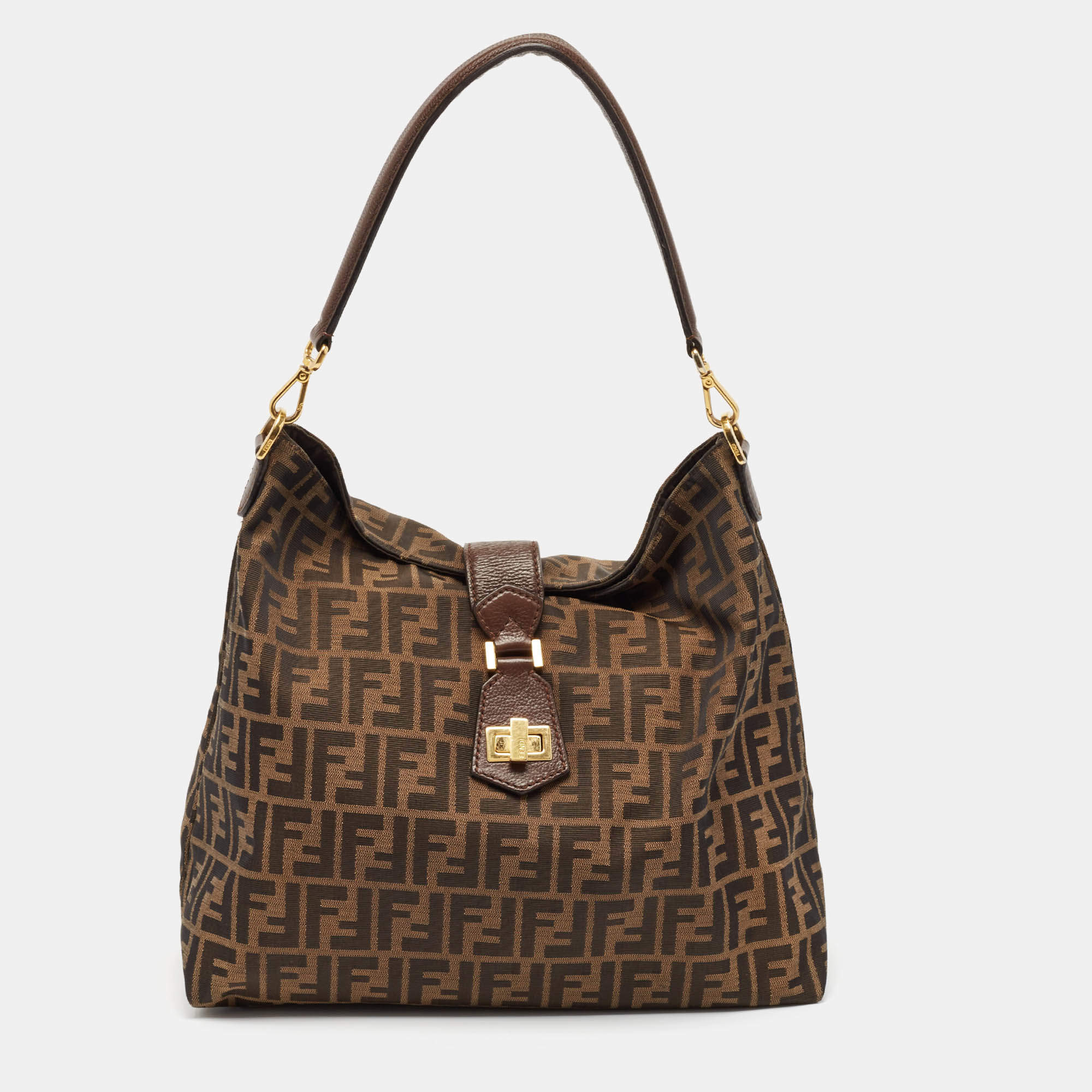 Pre Owned Fendi Tobacco Zucca Canvas and Leather Clasp Shoulder Bag