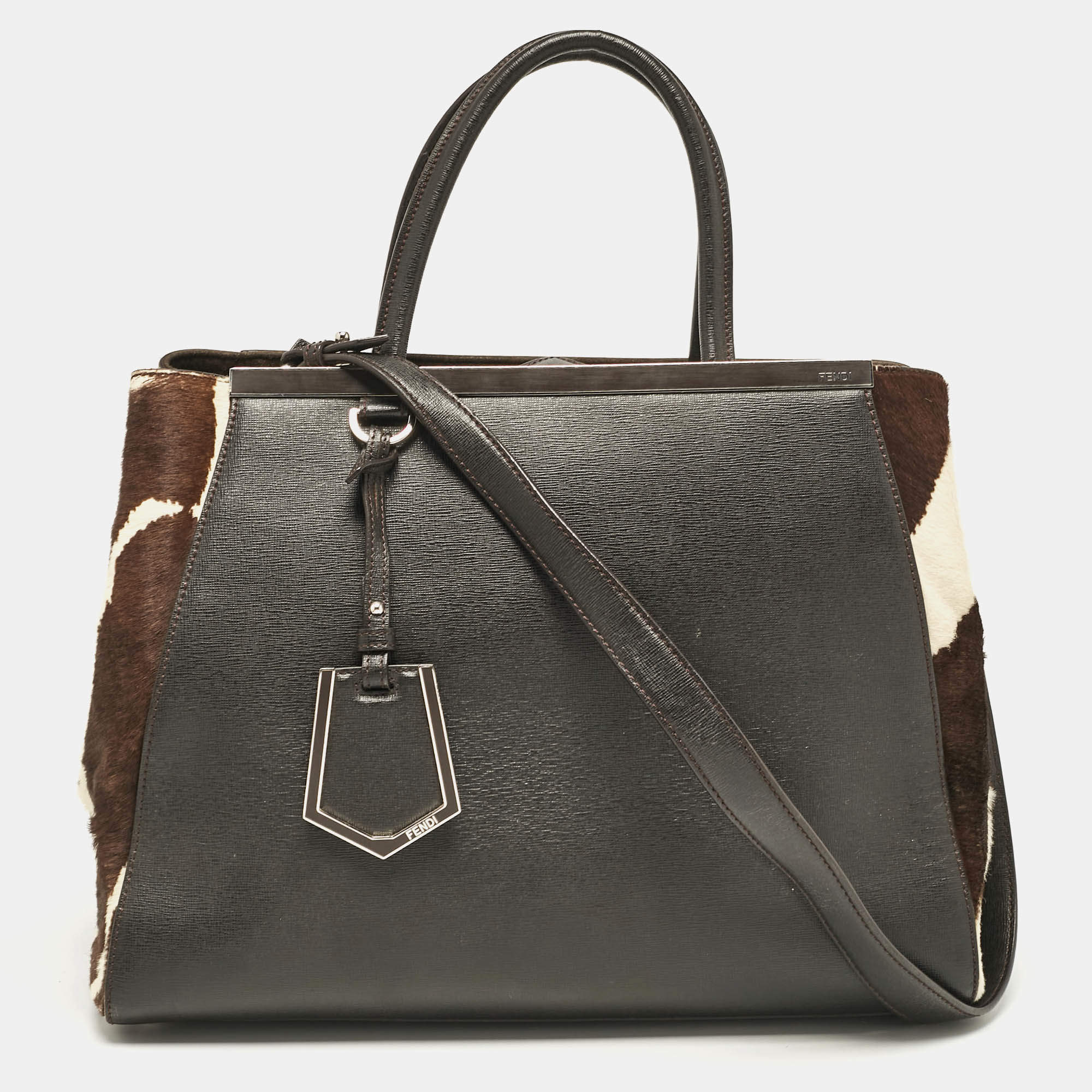 Pre Owned Fendi Dark Brown Zebra Pring Calfhair and Leather Medium 2Jours Tote