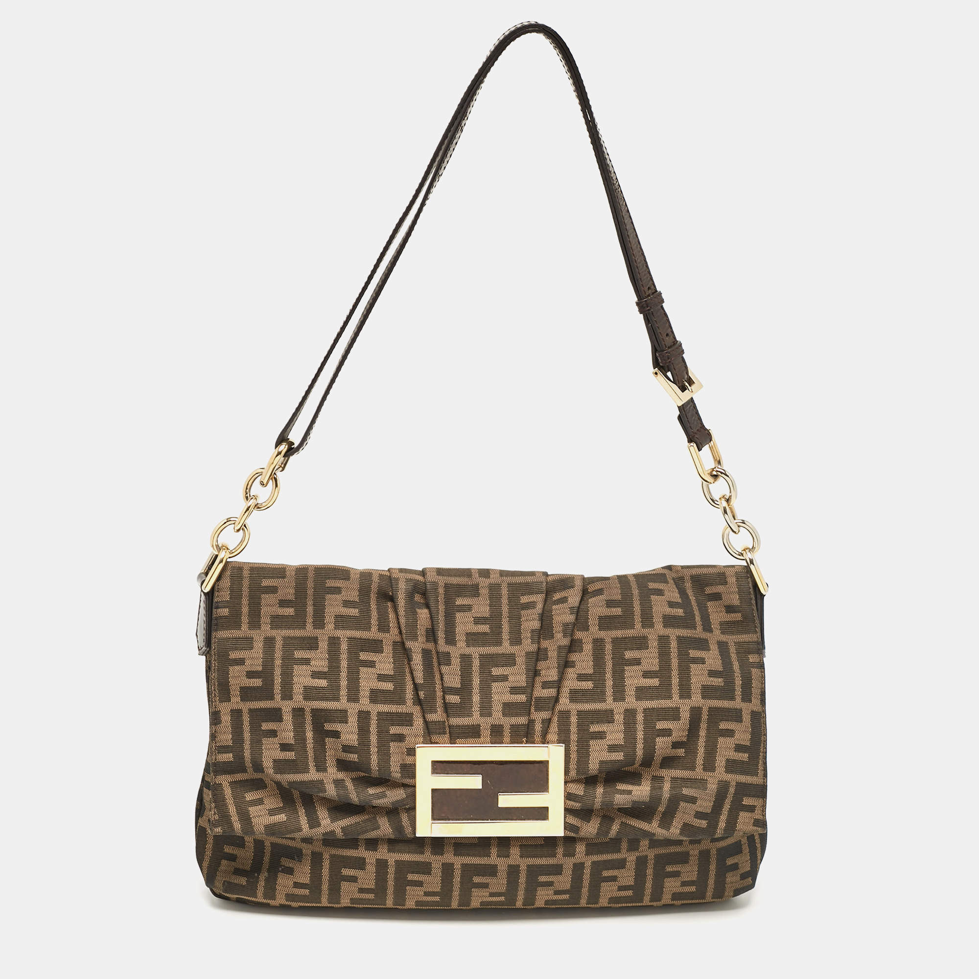 Fendi Tobacco Zucca Canvas and Patent Leather Mia Flap Shoulder Bag