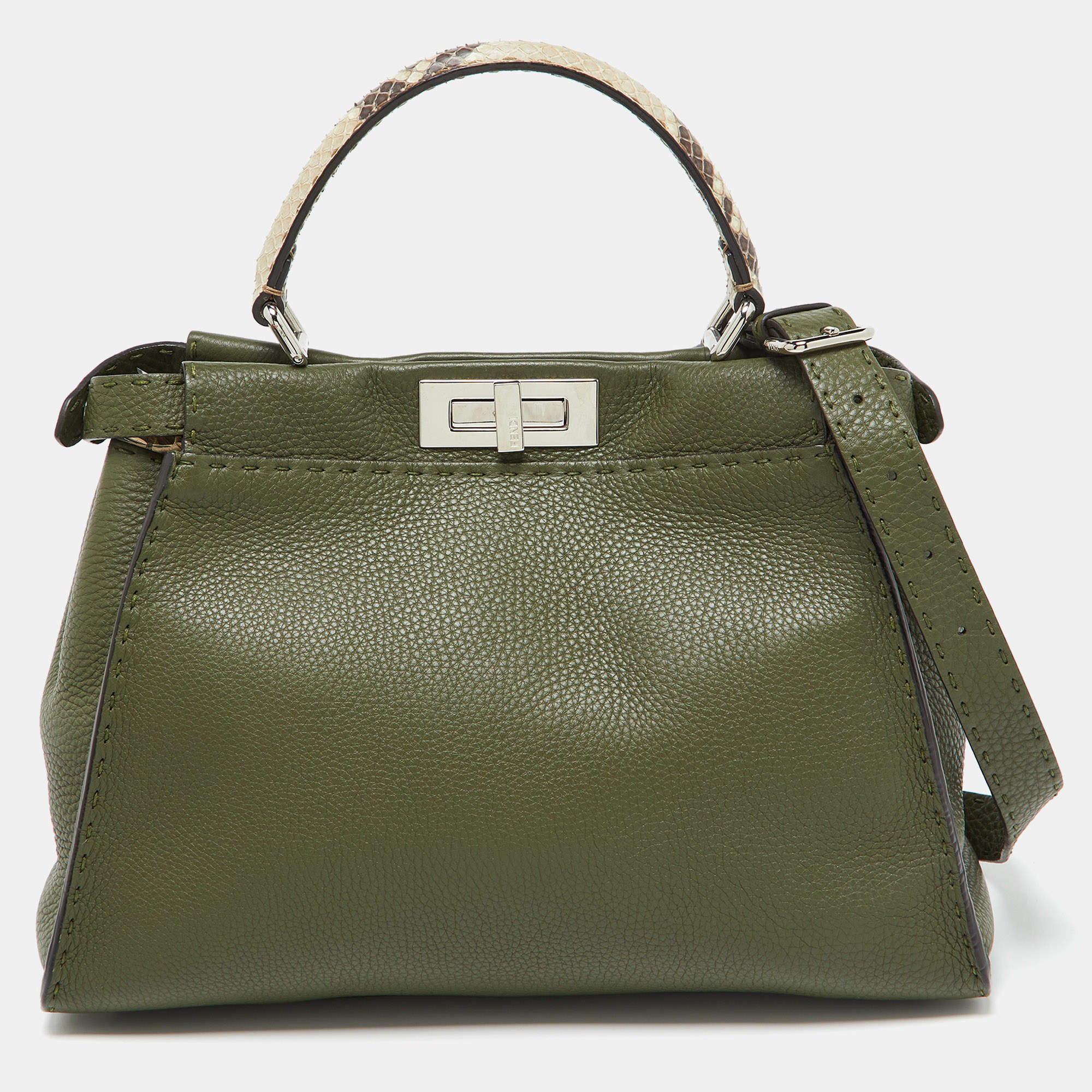 Pre Owned Fendi Green Leather and Python Medium Peekaboo Top Handle Bag