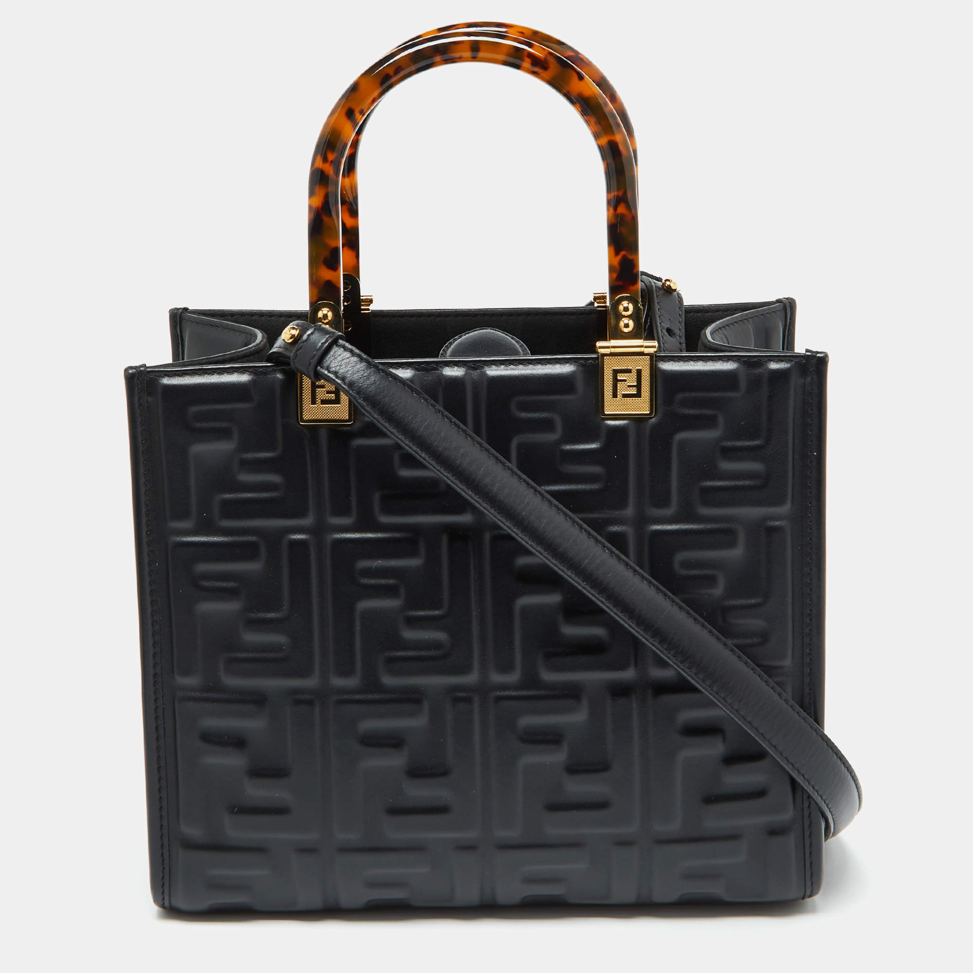 مملوكة مسبقًا Fendi Black FF Embossed Leather Small Sunshine Tote