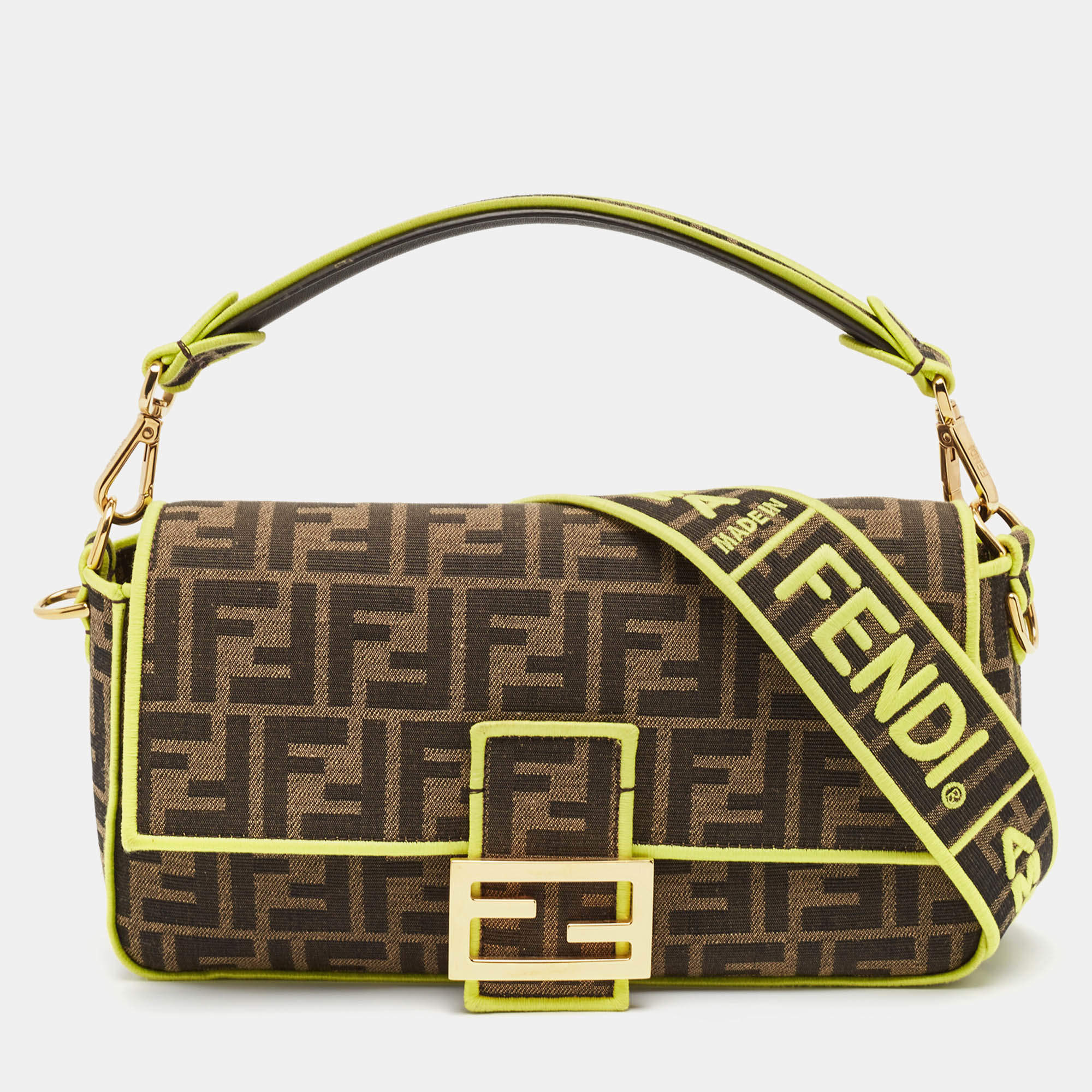 Fendi Tobacco/Neon Green Zucca Jacquard Canvas Medium Baguette Bag