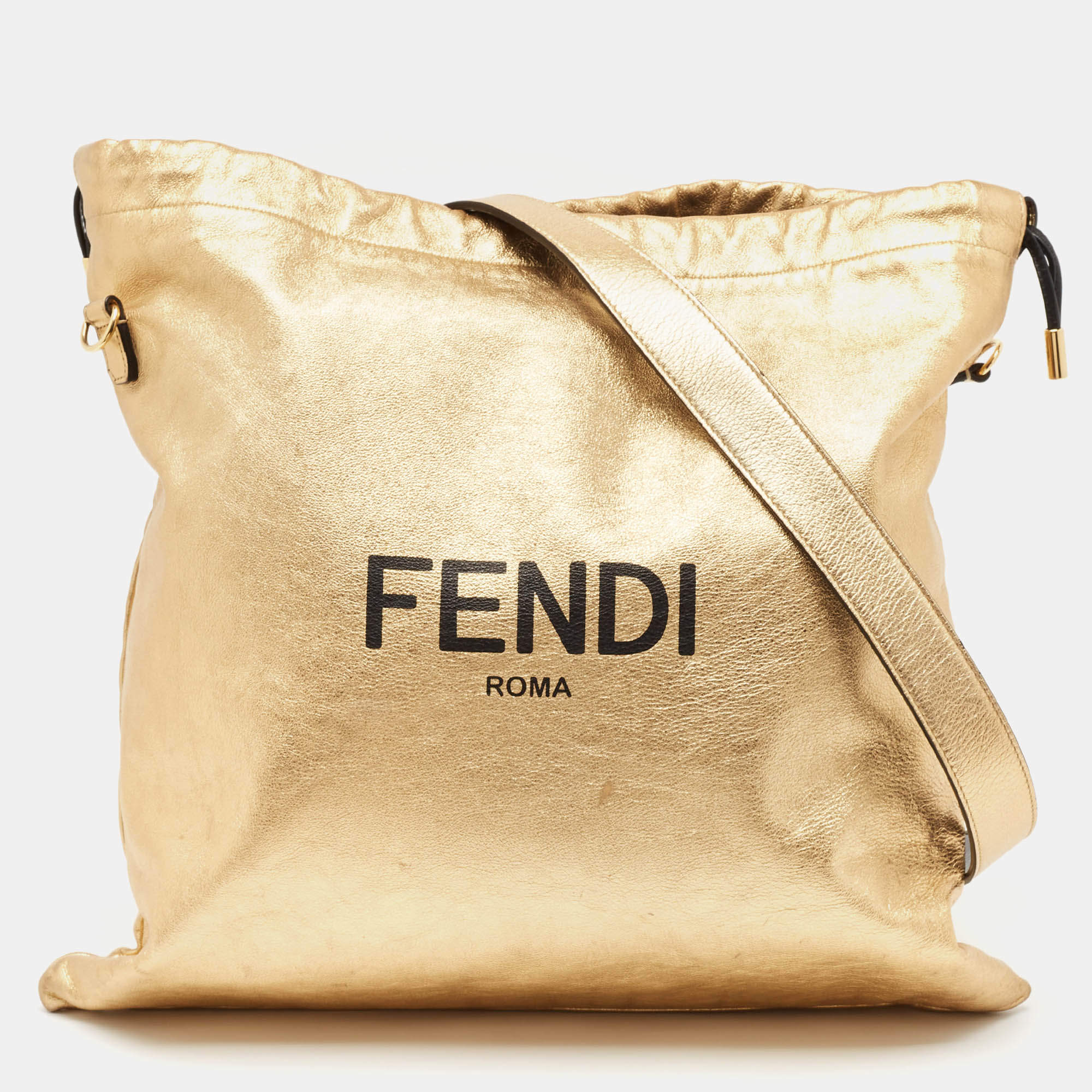 Fendi Gold Leather Logo Drawstring Shoulder Bag