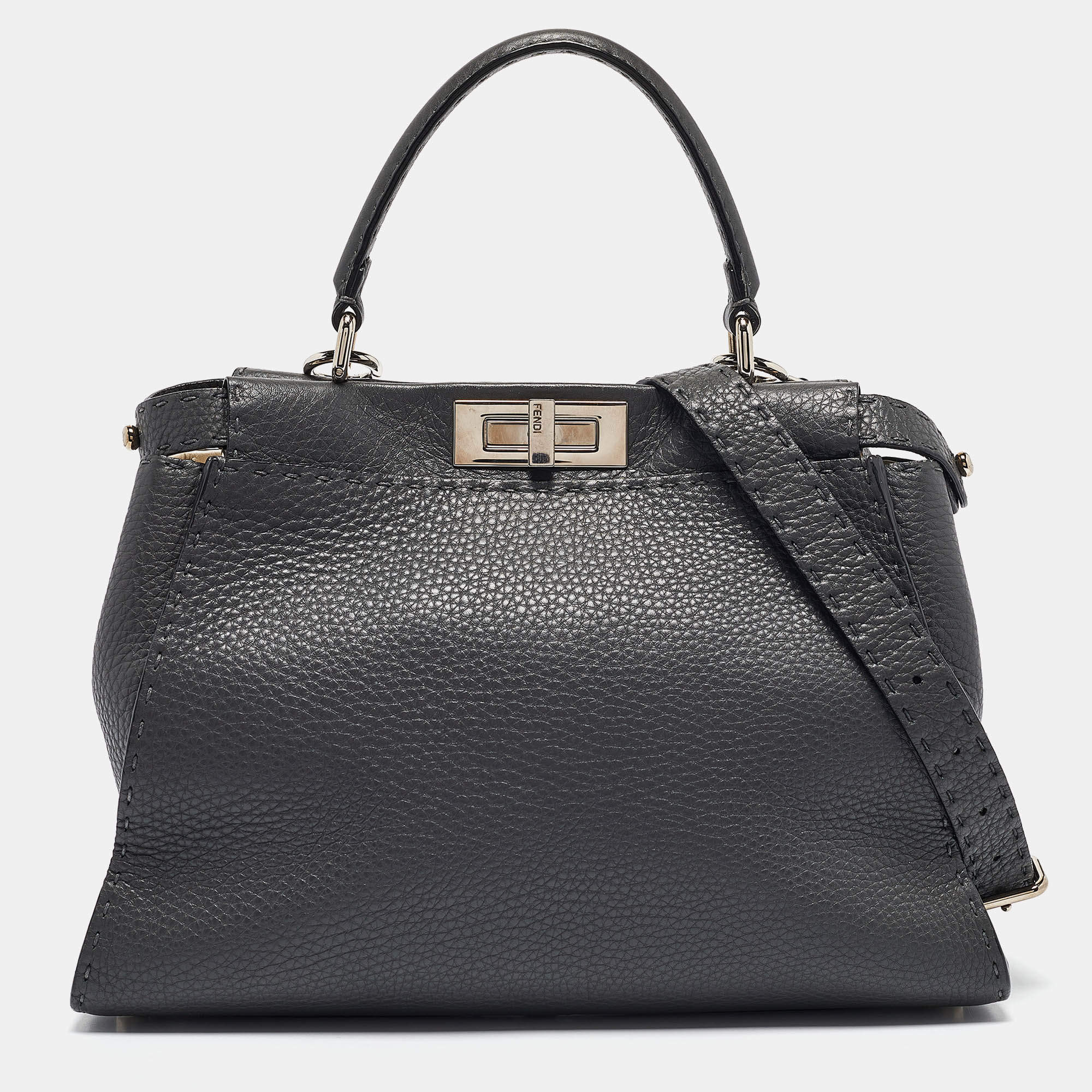 Fendi Dark Grey Leather Medium Peekaboo Top Handle Bag