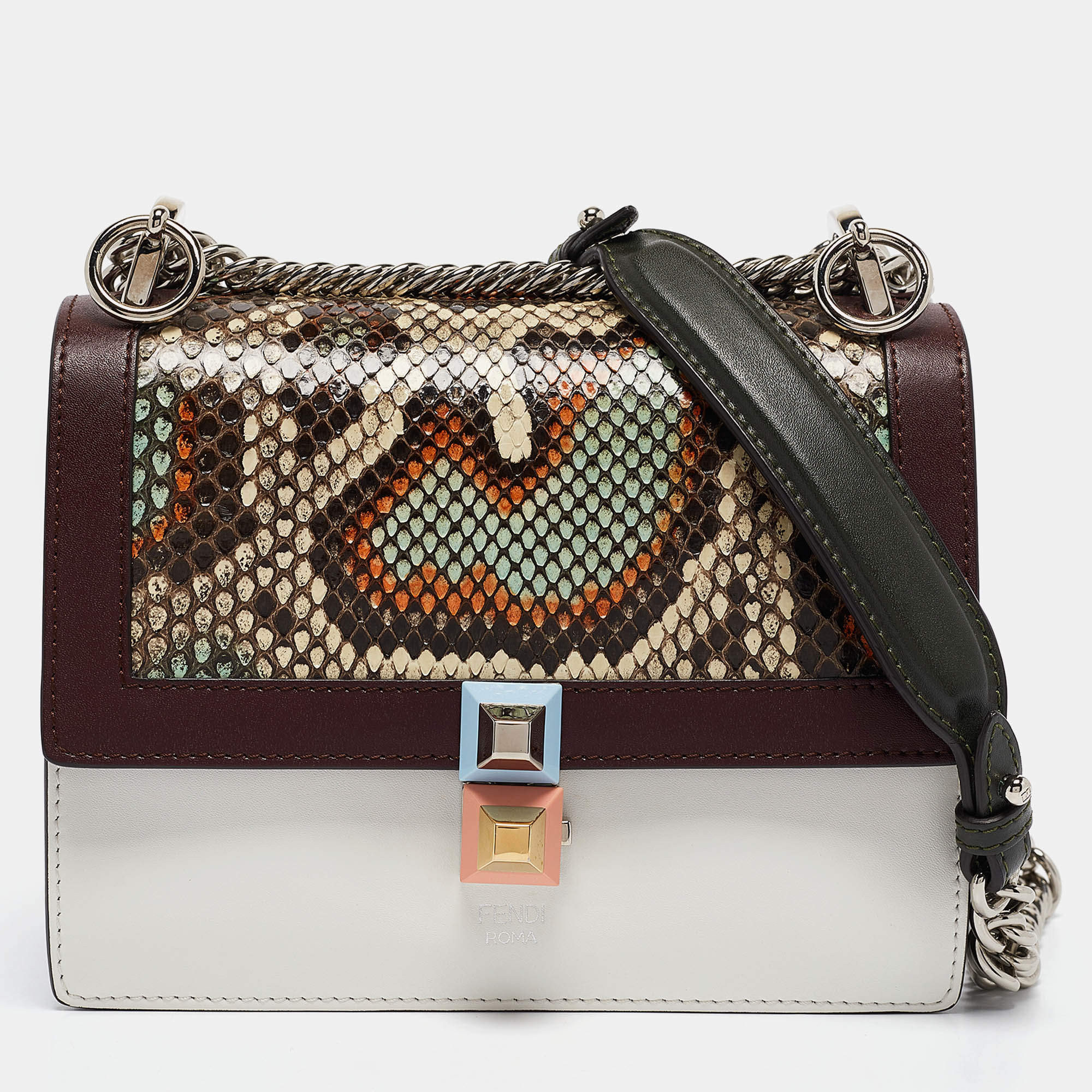Pre Owned Fendi Multicolor Snakeskin and Leather Studded Small Kan I Shoulder Bag