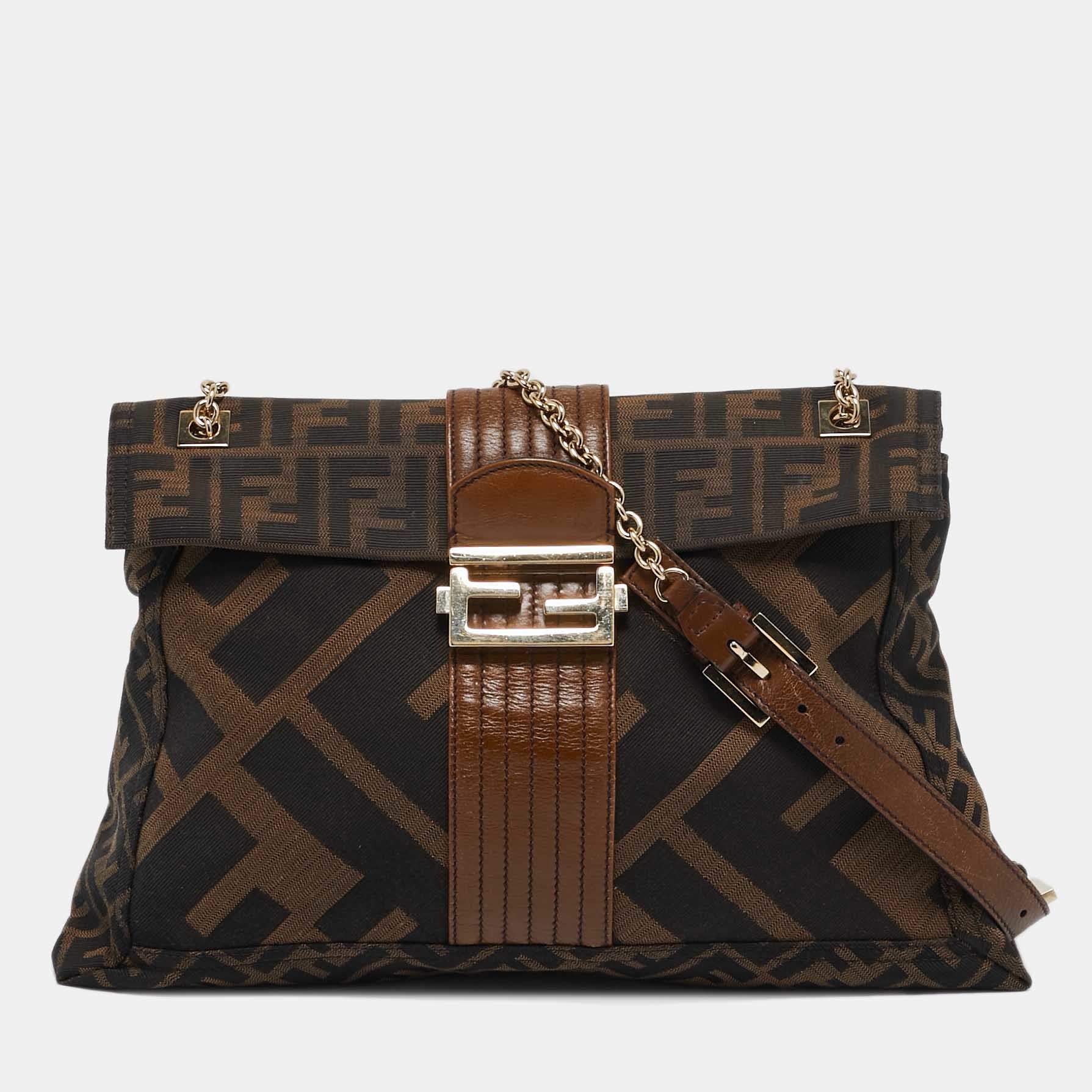 Fendi Tobacco Zucca Canvas and Leather Maxi Baguette Flap Shoulder Bag