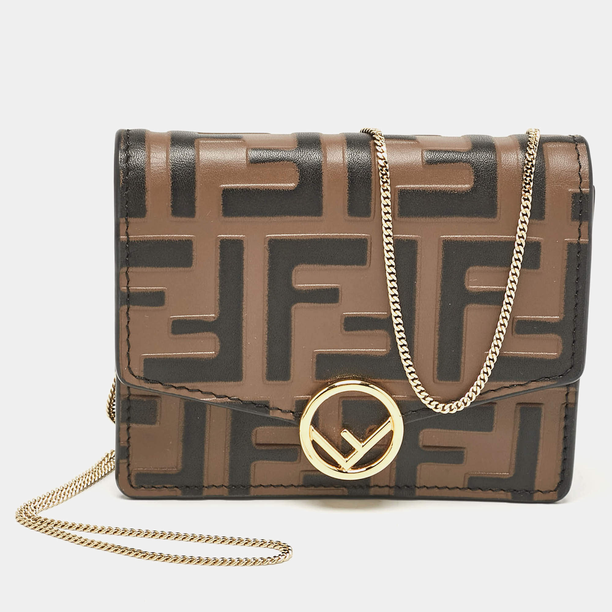 Fendi Brown FF Leather Wallet On Chain