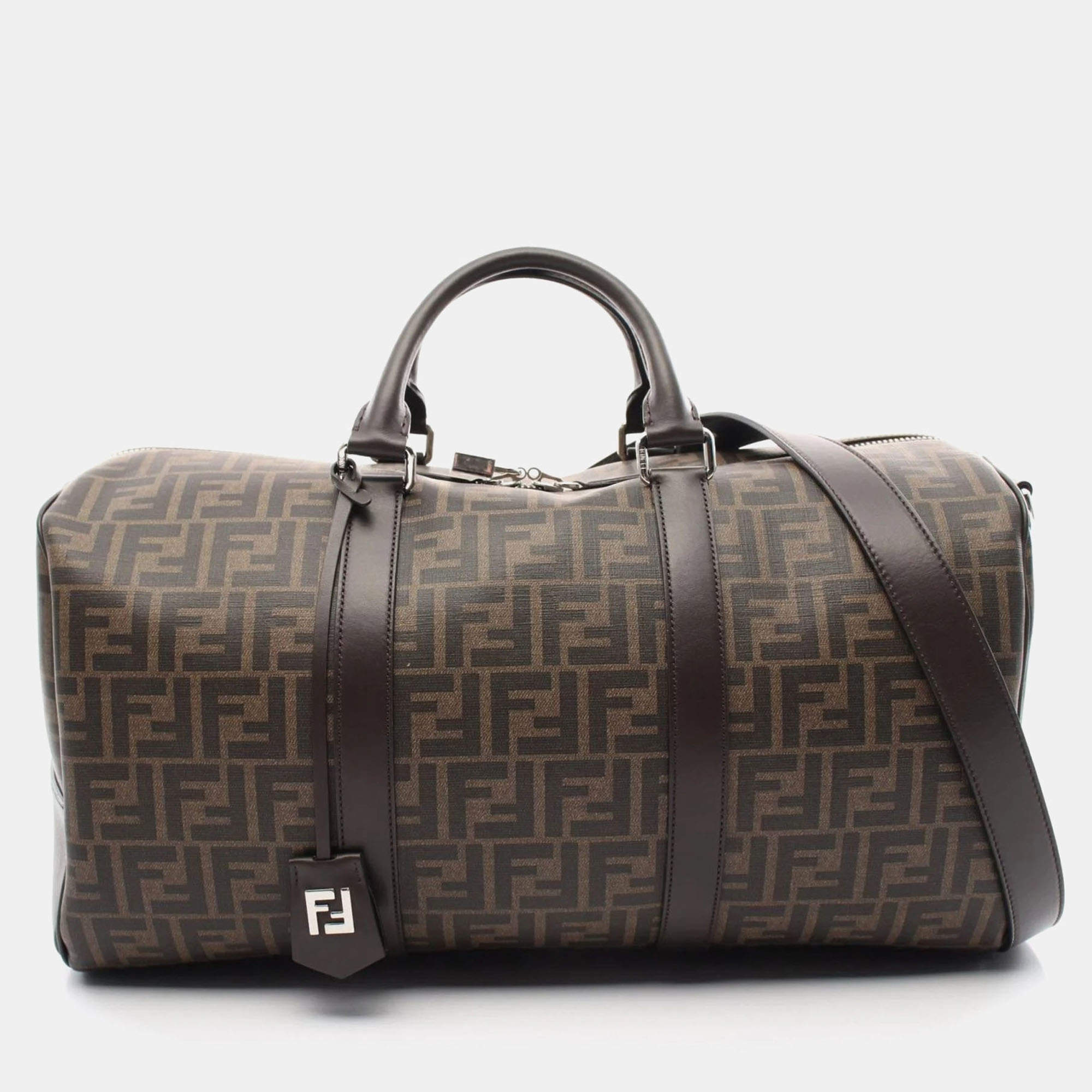 Fendi Coated Canvas Leather Brown Black Zucca Boston Bag