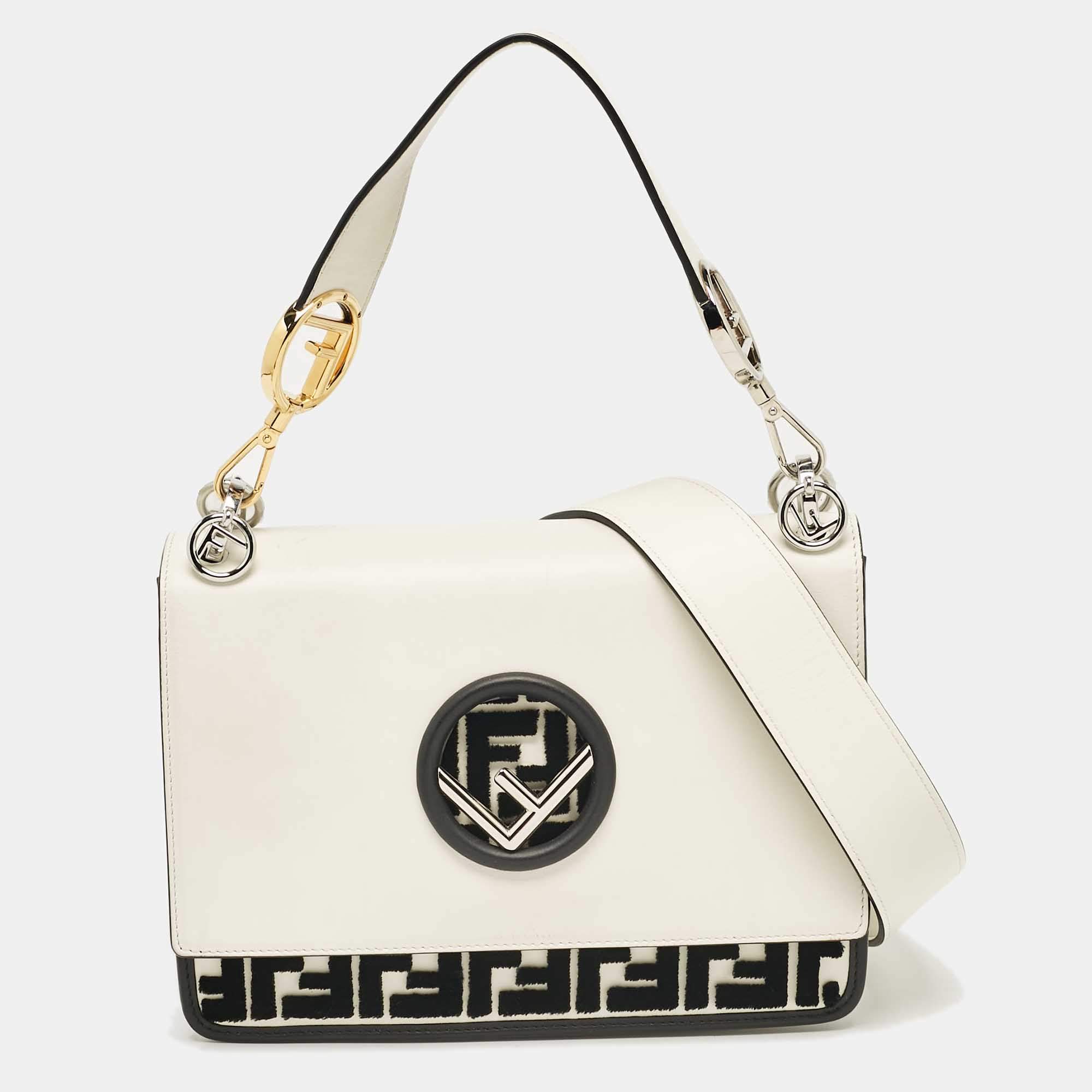 Fendi White/Black Zucca Velvet and Leather Kan I F Logo Top Handle Bag