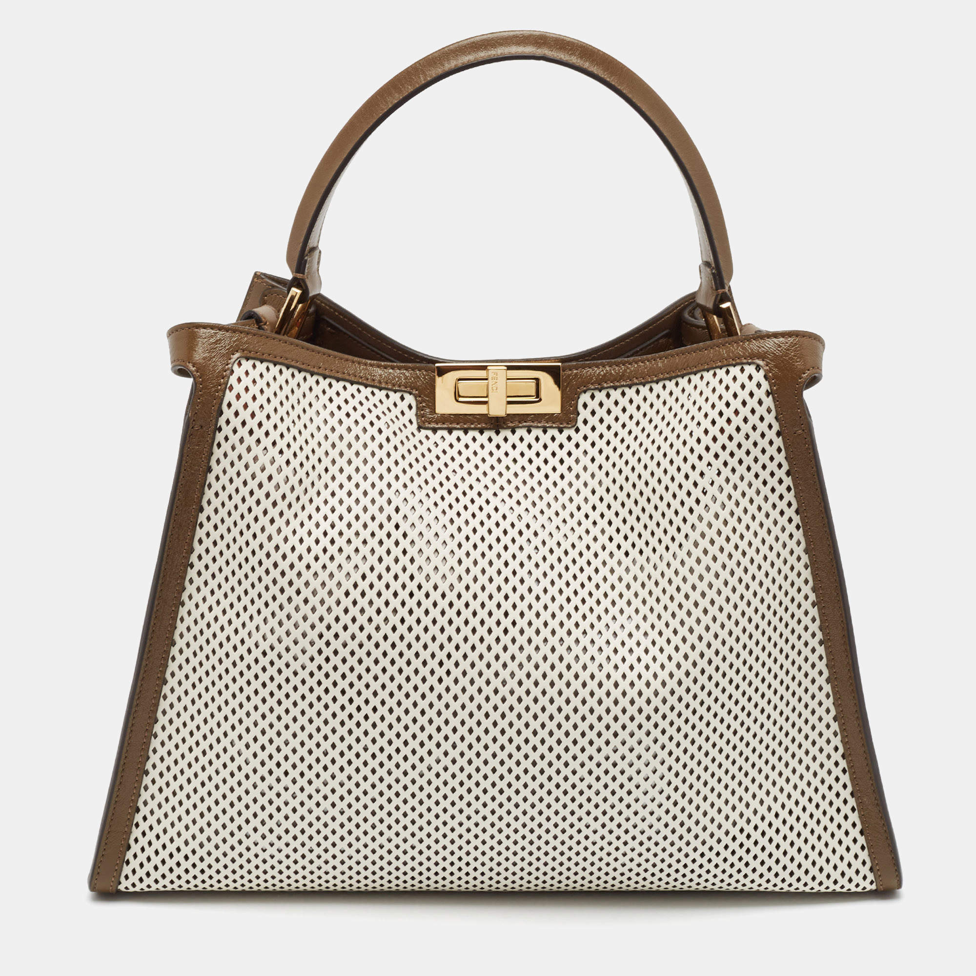 مملوكة مسبقًا Fendi Khaki/White Perforated Leather Large X Lite Peekaboo Top Handle Bag