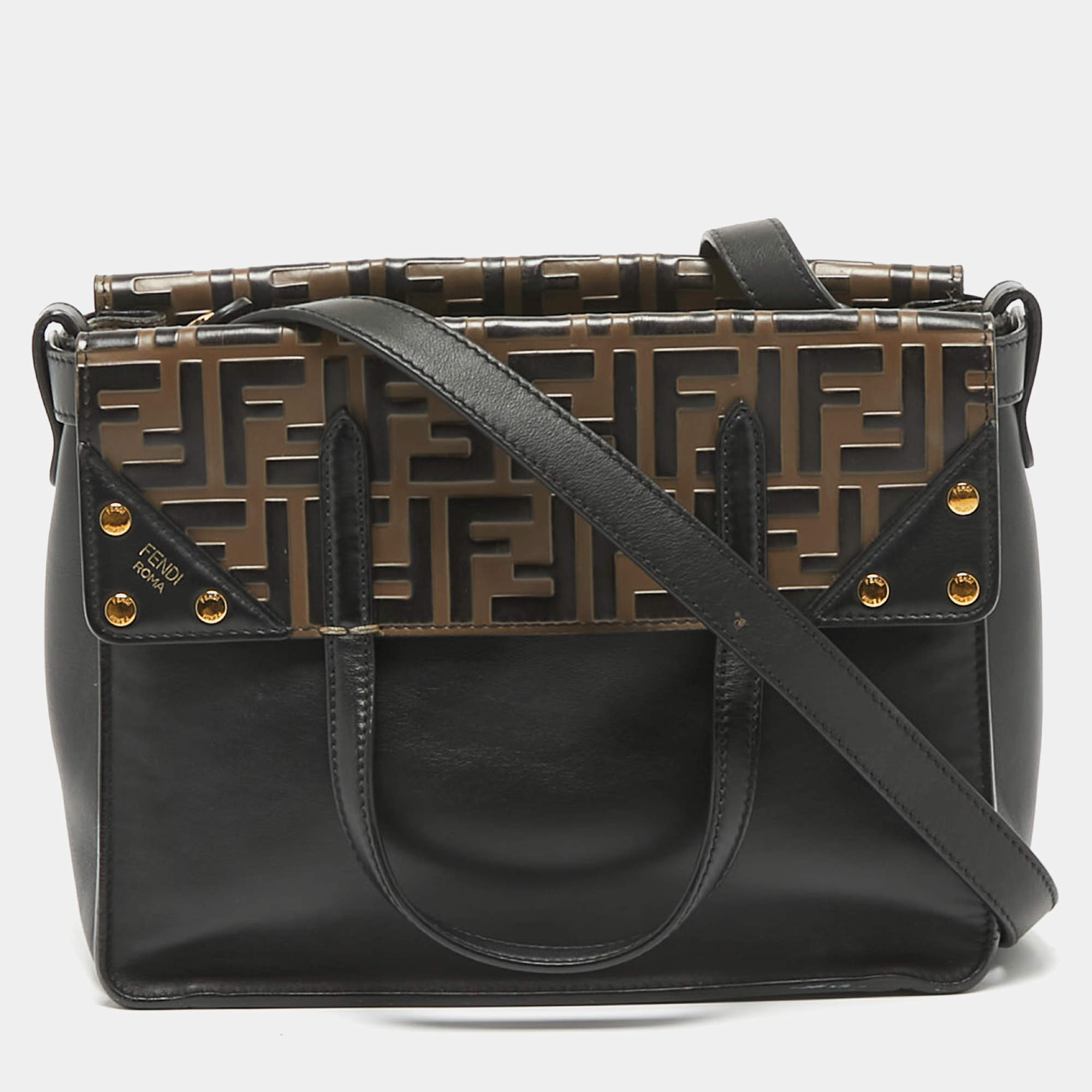 Pre Owned Fendi Black/Brown FF Leather Grace Flip Tote