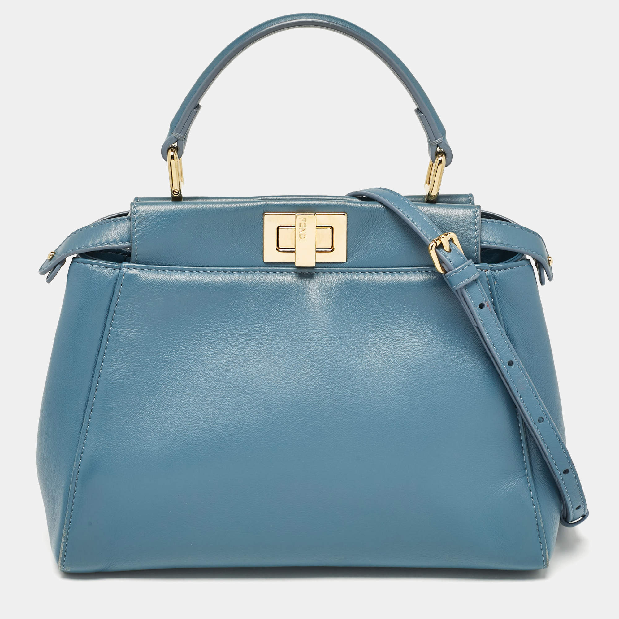 Fendi Blue Leather Mini Peekaboo Top Handle Bag