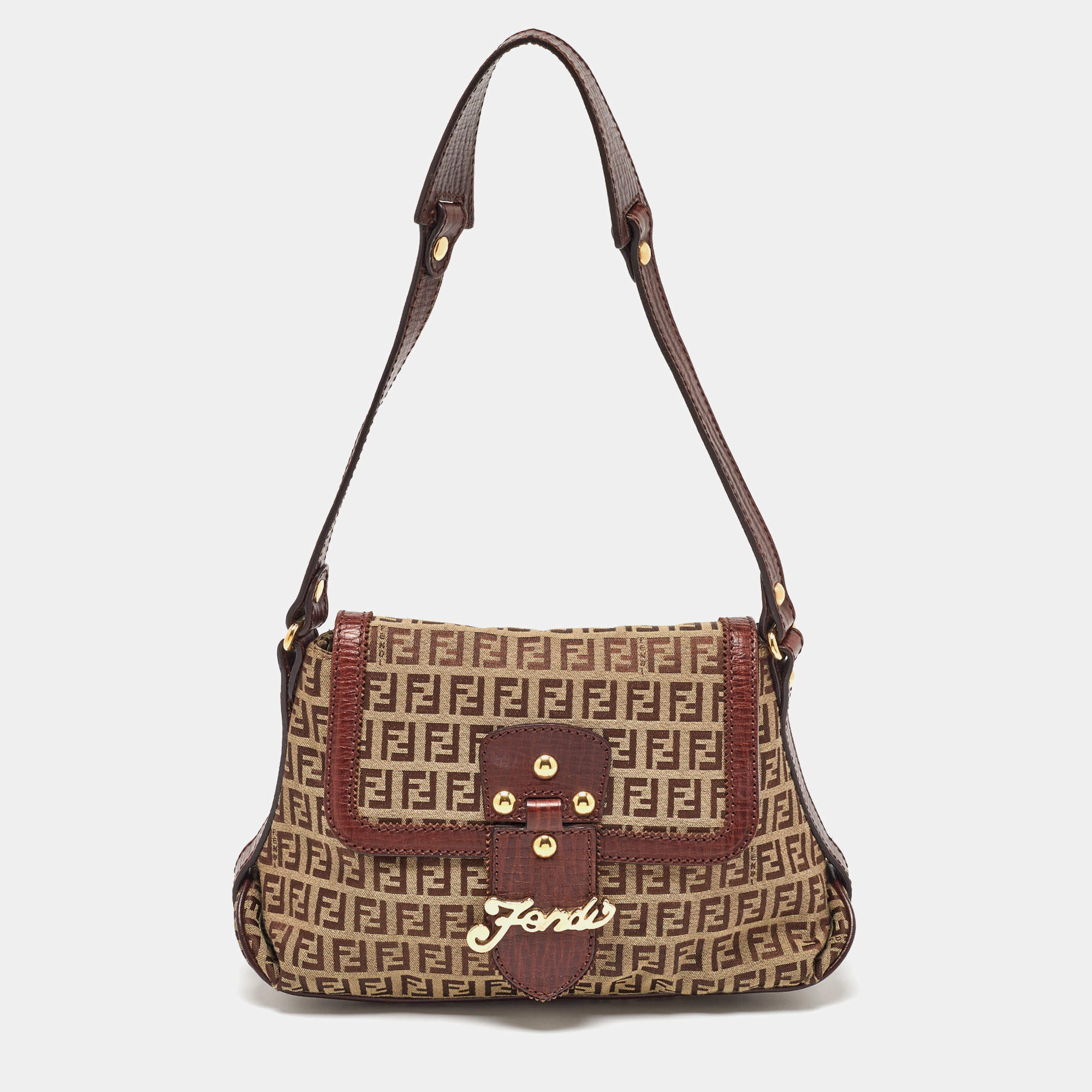 Pre Owned Fendi Brown/Beige Zucchino Canvas and Leather Flap Shoulder Bag