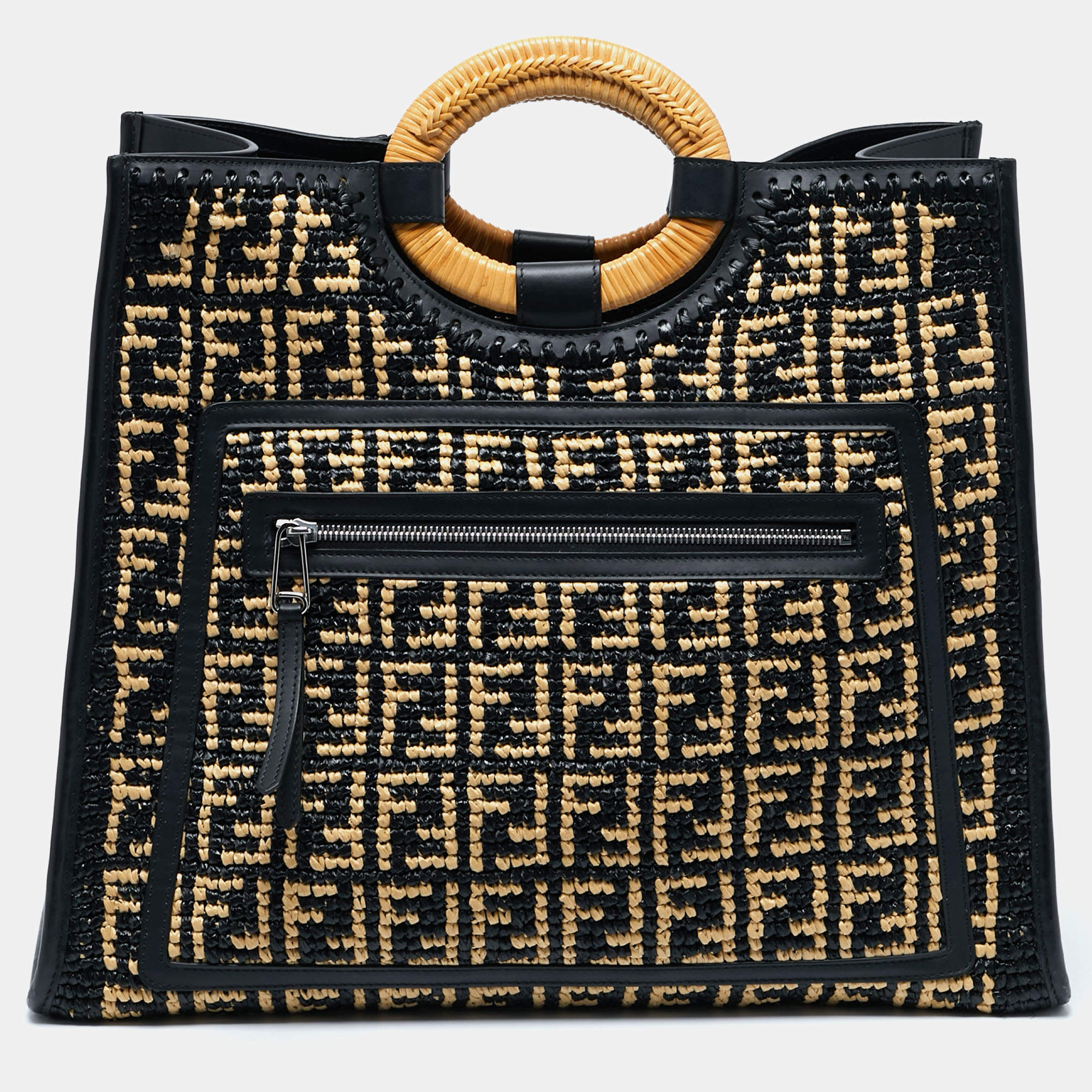 Pre Owned Fendi Black/Natural FF Raffia and Leather Large Runaway Shopper Tote