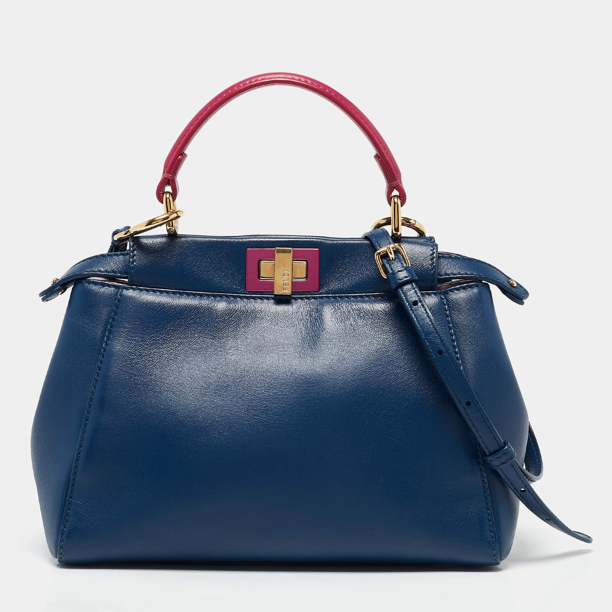 Pre Owned Fendi Blue/Pink Leather Mini Peekaboo Top Handle Bag