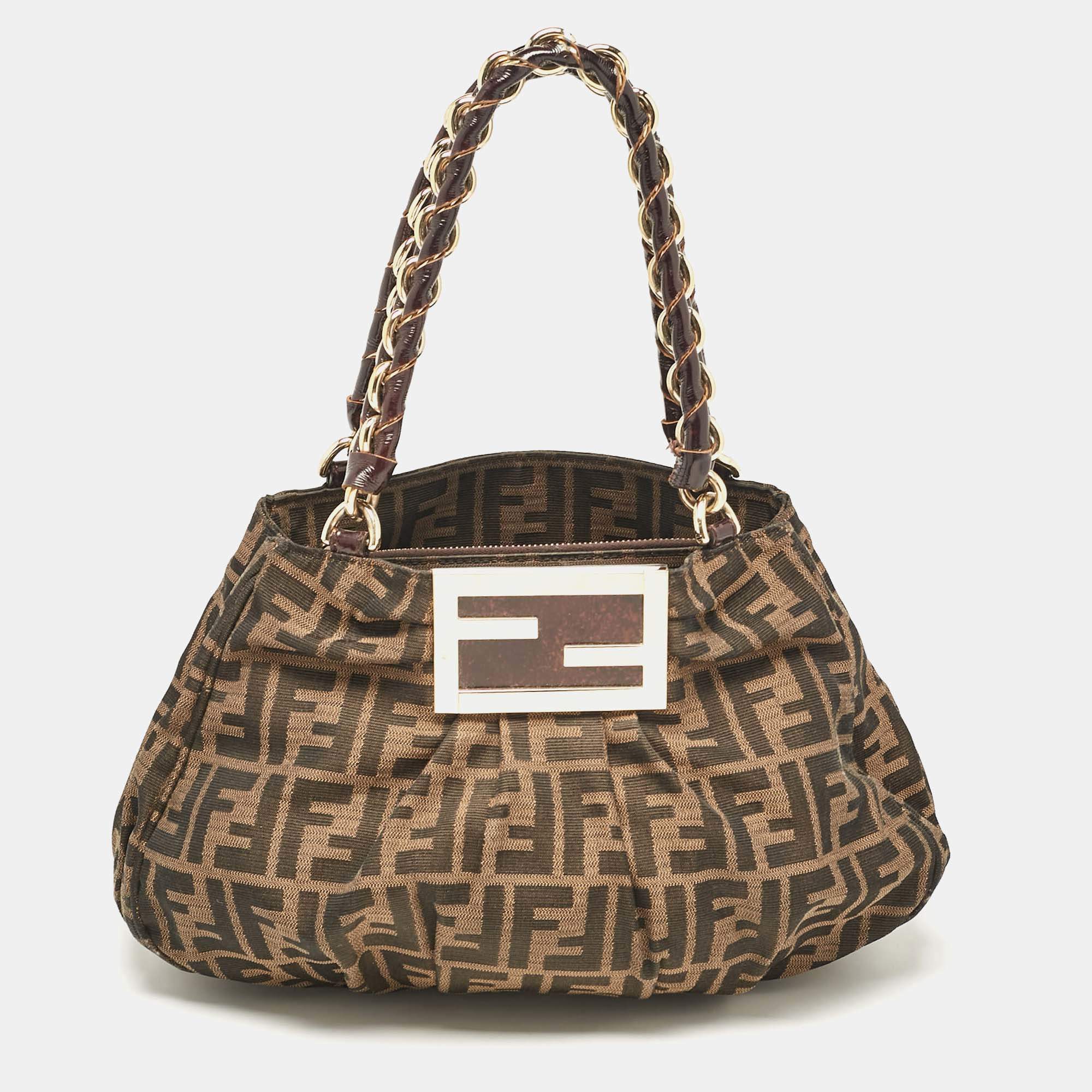 Pre Owned Fendi Tobacco Zucca Canvas and Patent Leather Small Mia Shoulder Bag