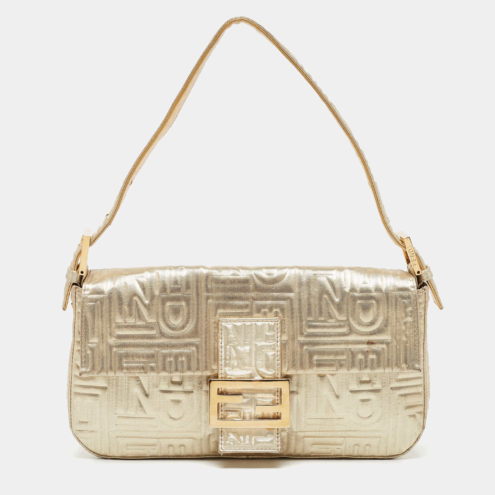 Fendi Gold Logo Embossed Fabric Baguette Flap Bag