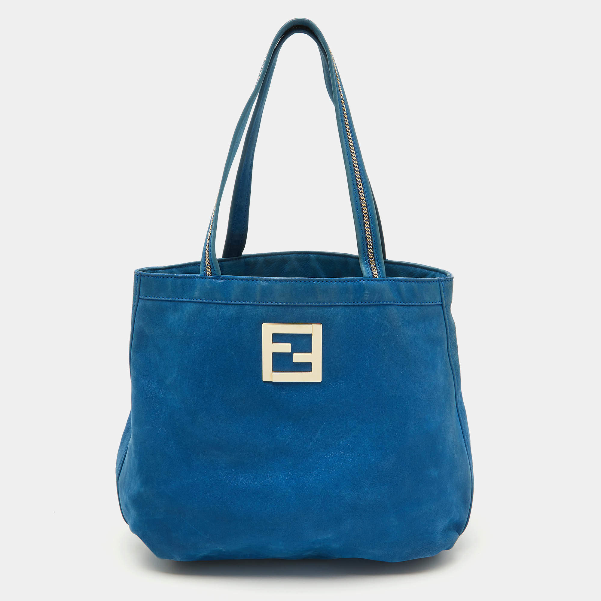 مملوكة مسبقًا Fendi Metallic Blue Nubuck Leather FF Tote
