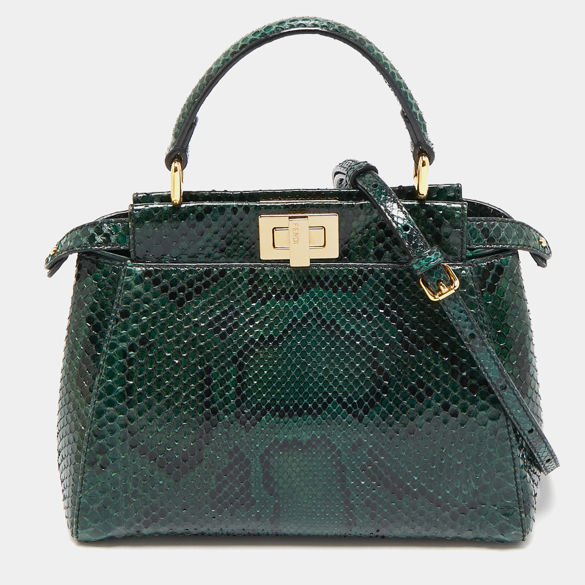 Pre Owned Fendi Green/Black Python Mini Peekaboo Top Handle Bag