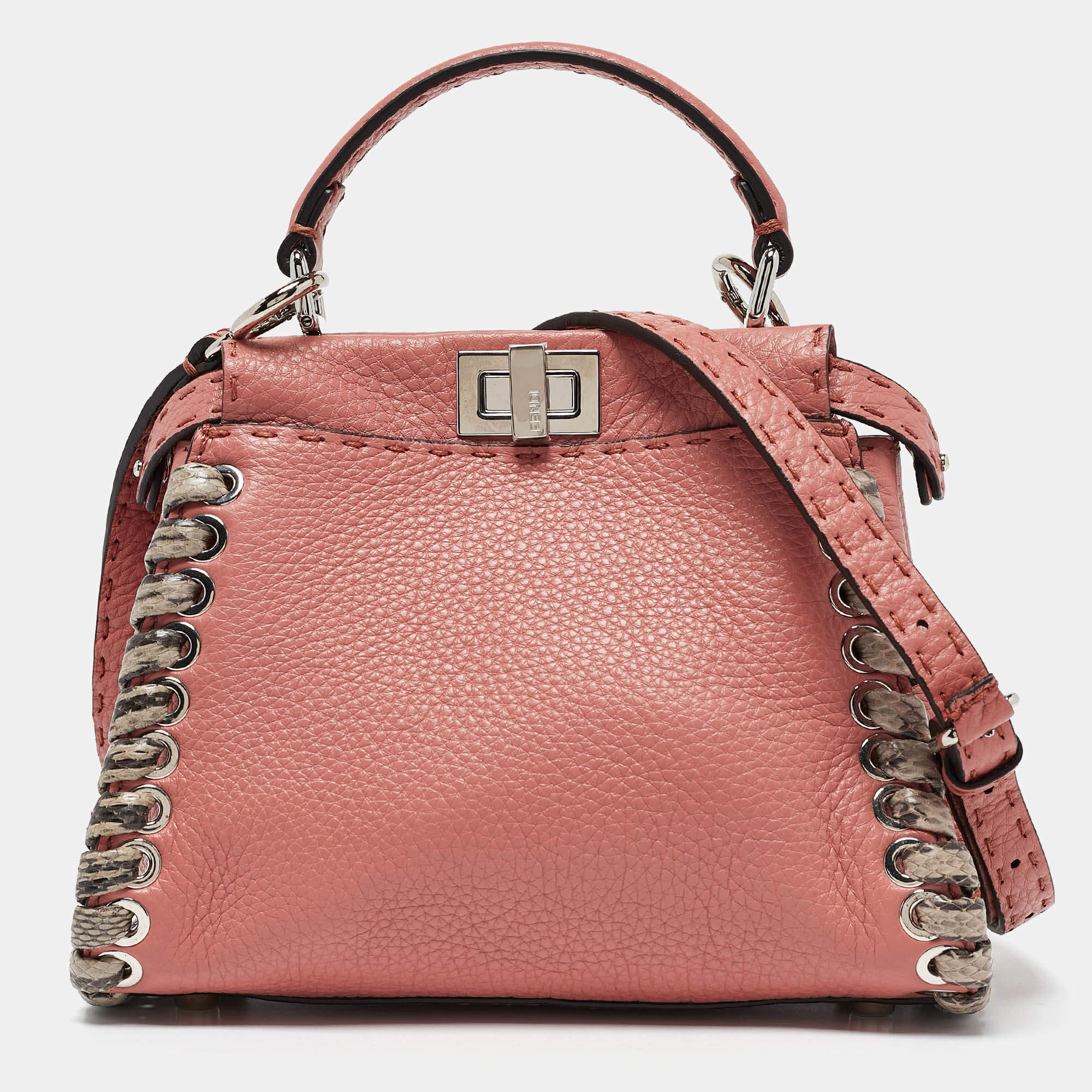 Pre Owned Fendi Old Rose Leather and Snakeskin Leather Mini Whipstitch Peekaboo Top Handle Bag