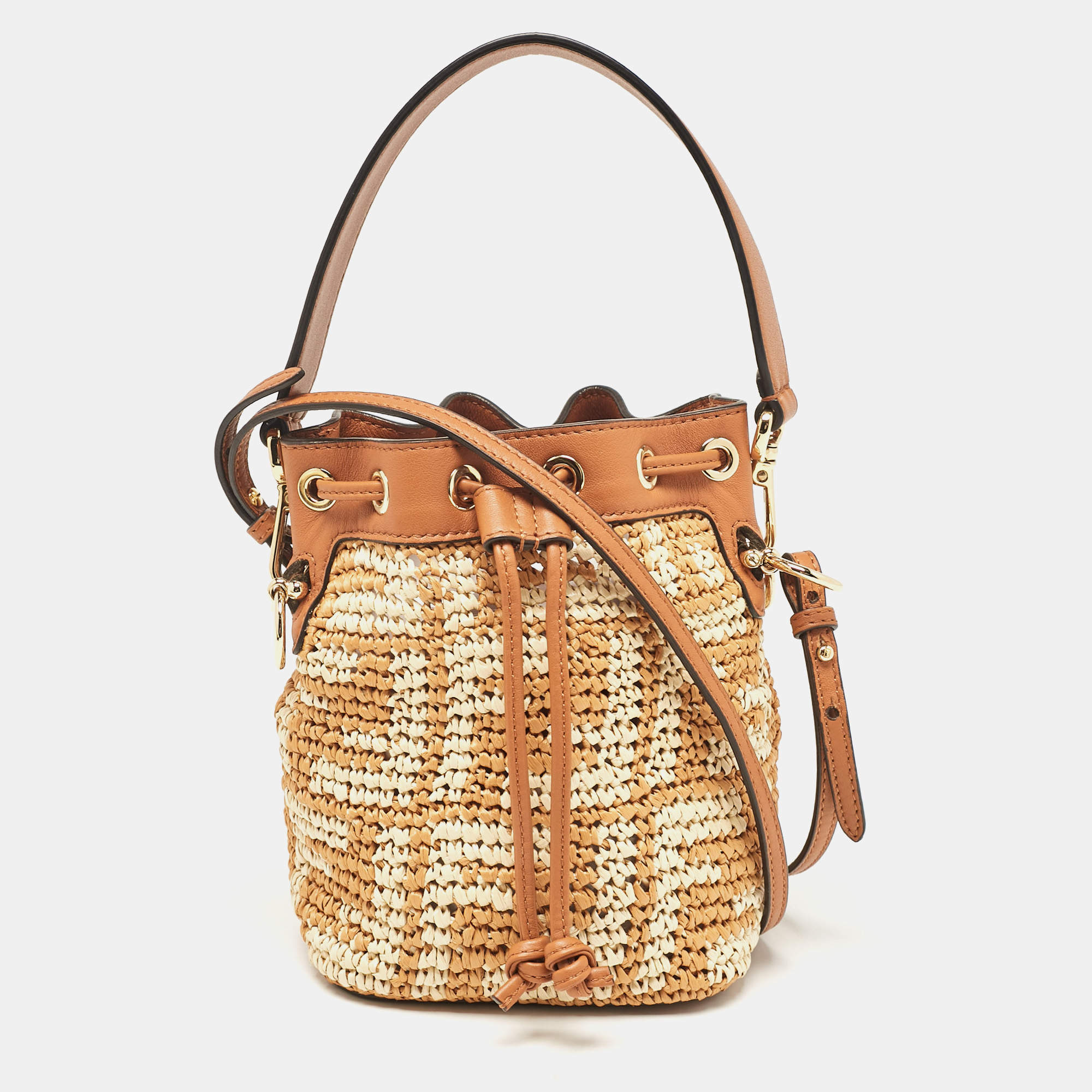 Fendi Brown/Beige Zucca Leather and Raffia Mini Mon Tresor Drawstring Bucket Bag