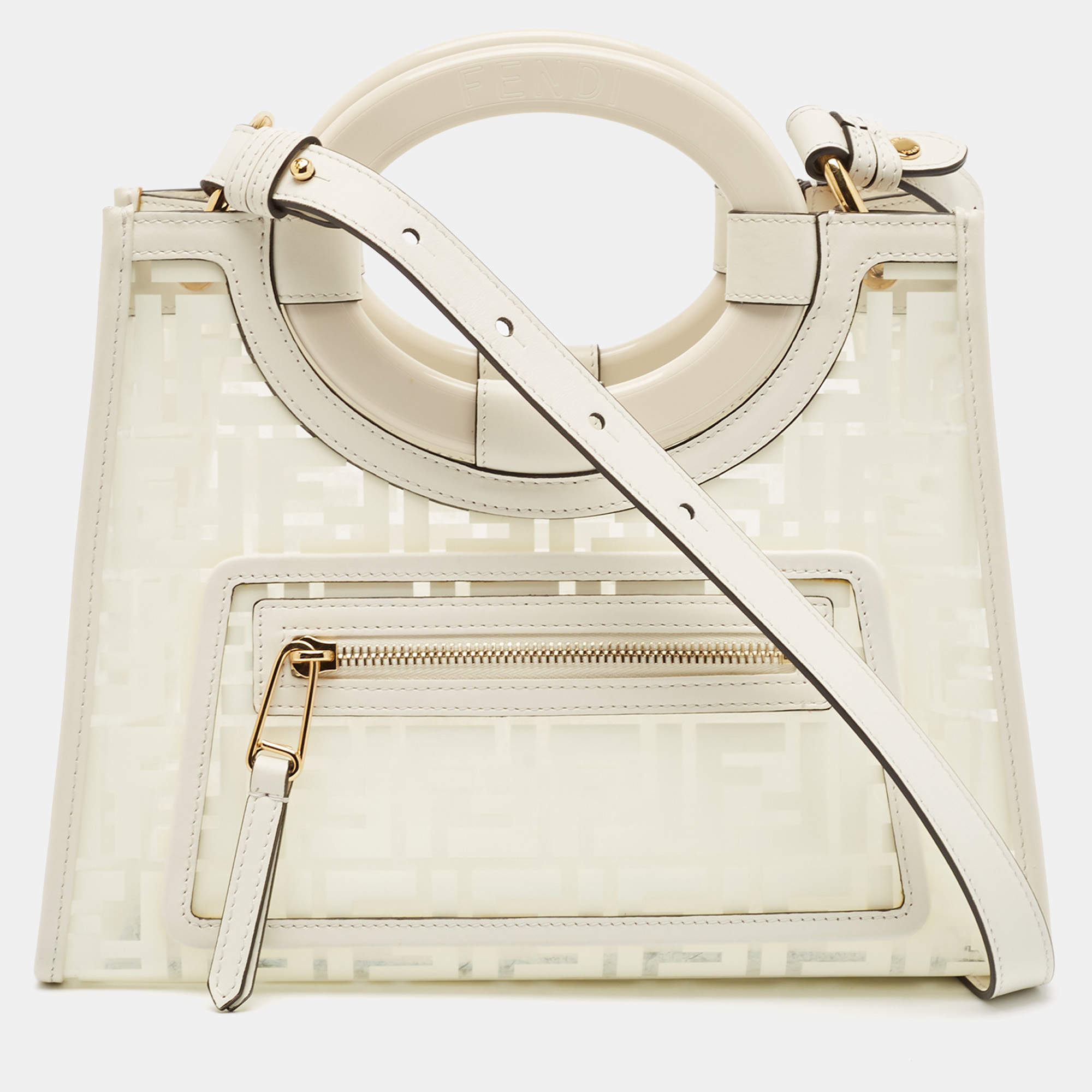 Pre Owned Fendi Transparent/Off White Zucca PVC and Leather Small Runaway Shopper Tote