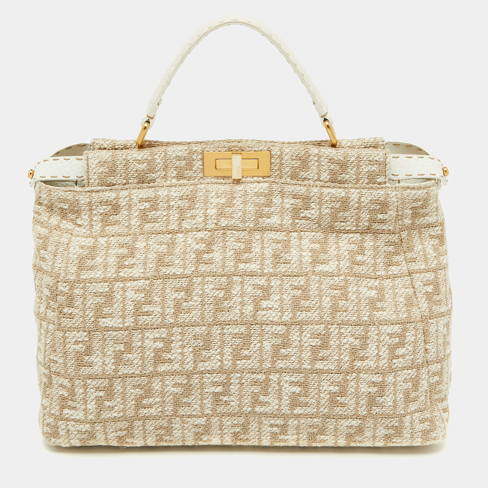 Pre Owned Fendi Beige/White Zucca Fabric and Leather Large Selleria Peekaboo Top Handle Bag