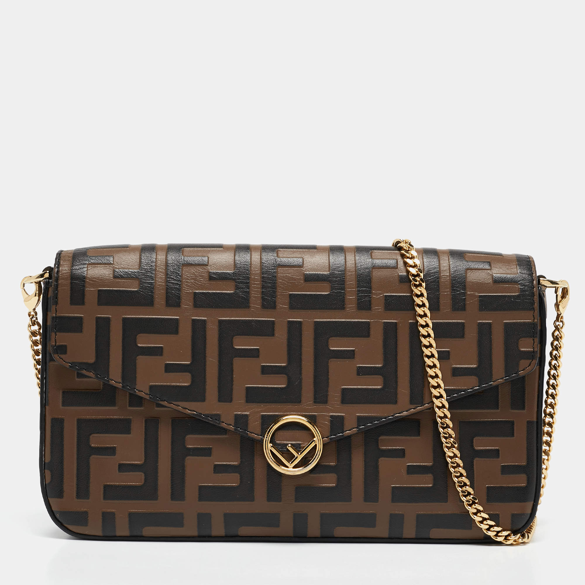 Pre Owned Fendi Tobacco/Black Zucca Embossed Leather FF Wallet On Chain