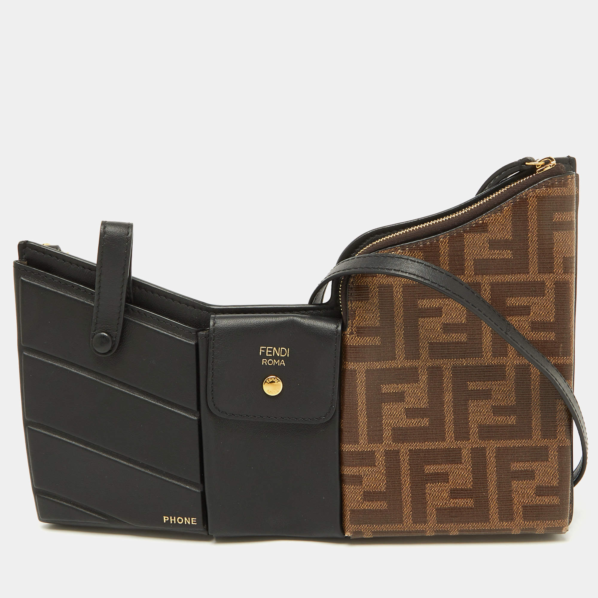 Pre Owned Fendi Black/Tobacco Zucca Coated Canvas and Leather Business 3 Pocket Crossbody Bag