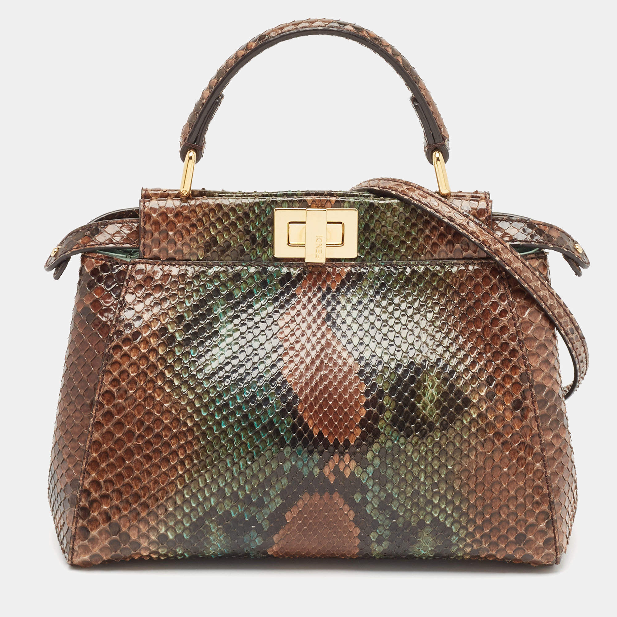 Fendi Brown/Green Python Mini Peekaboo Top Handle Bag