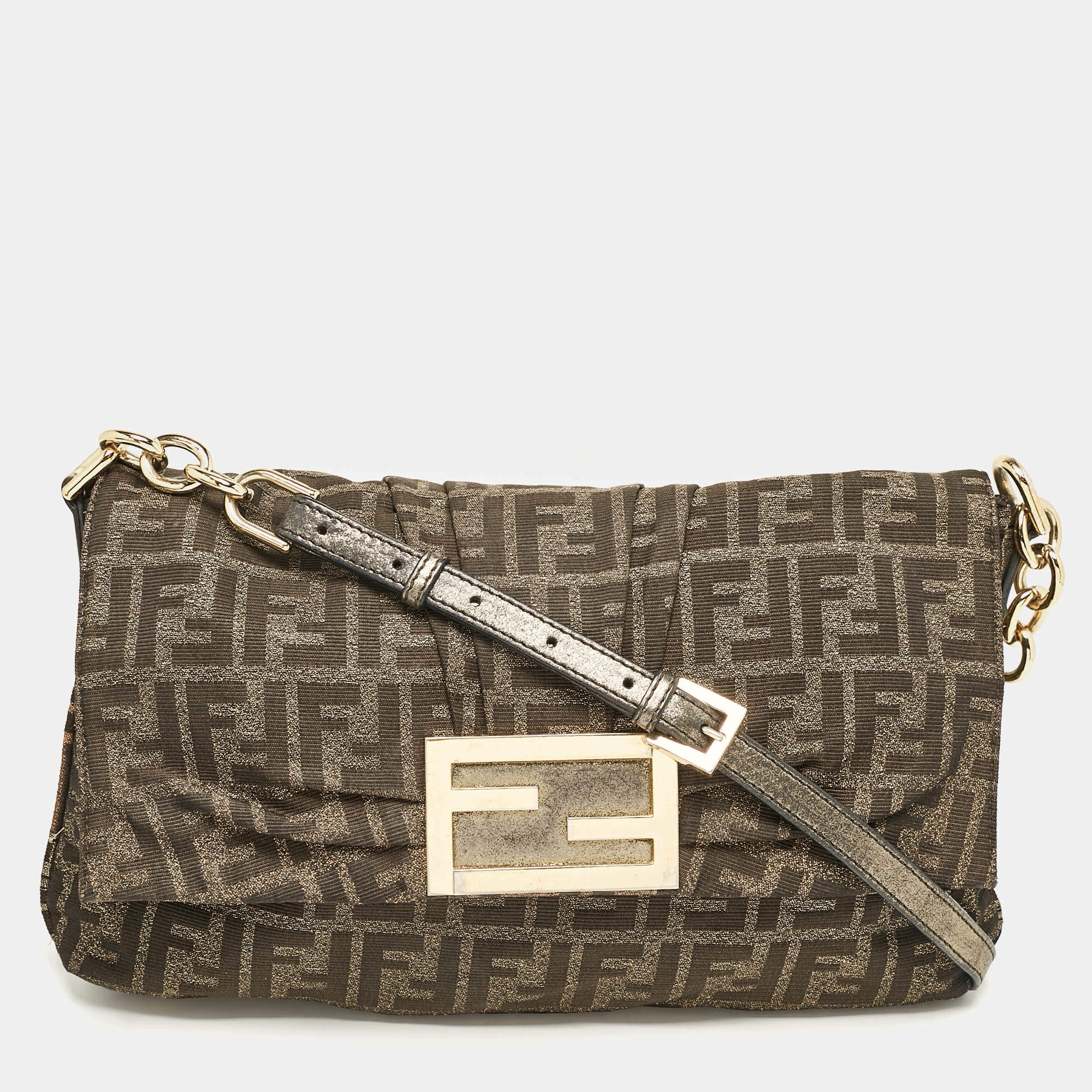 Pre Owned Fendi Brown Zucca Fabric Large Mia Flap Shoulder Bag