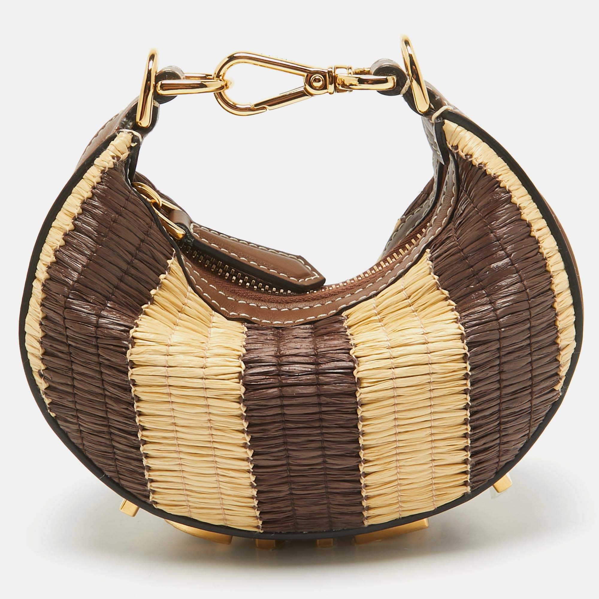 Fendi Brown/Cream Leather and Raffia Nano Fendigraphy Hobo