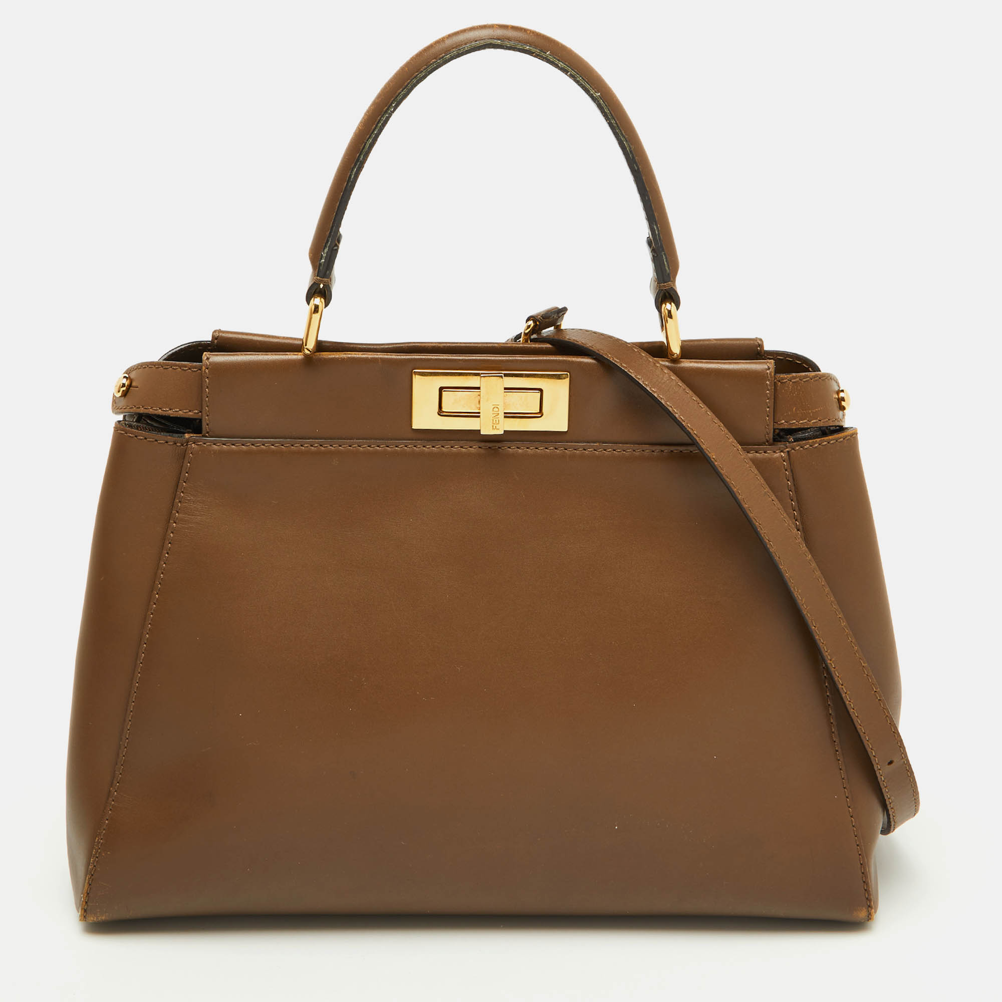 Fendi Brown Leather Medium Peekaboo Top Handle Bag