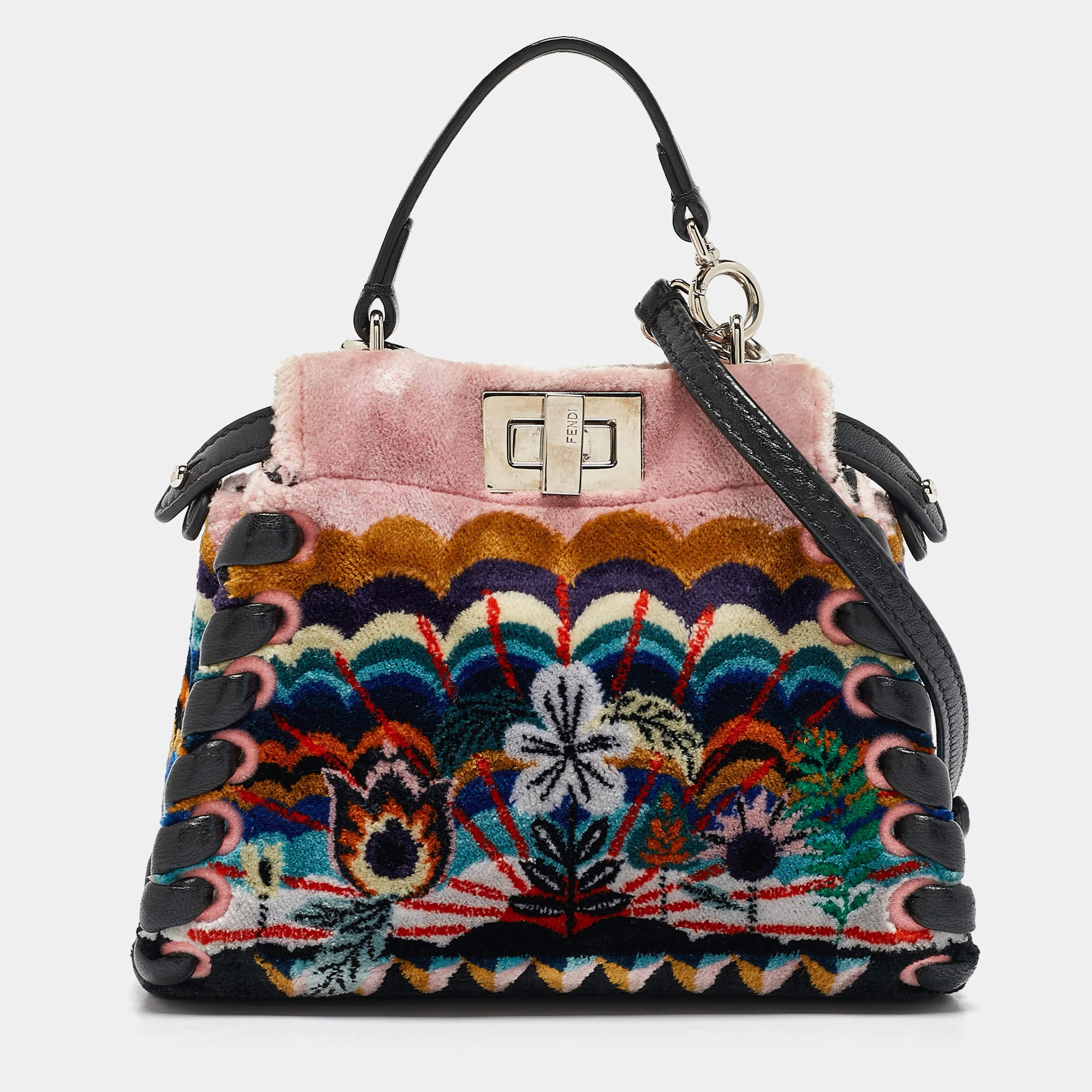Pre Owned Fendi Multicolor Velvet and Leather Micro Whipstitched Peekaboo Top Handle Bag