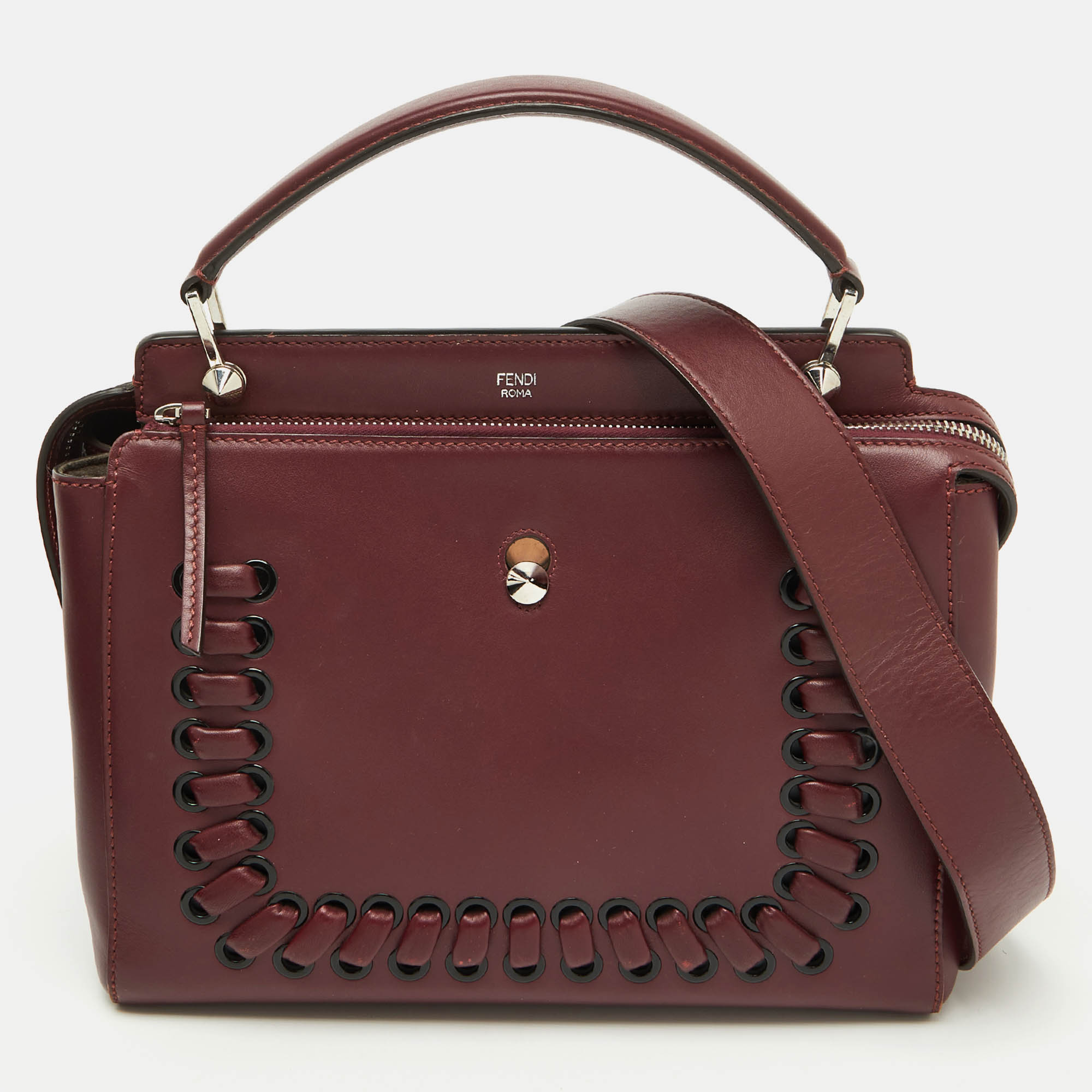 Fendi Burgundy Leather Whipstitch Dotcom Top Handle Bag