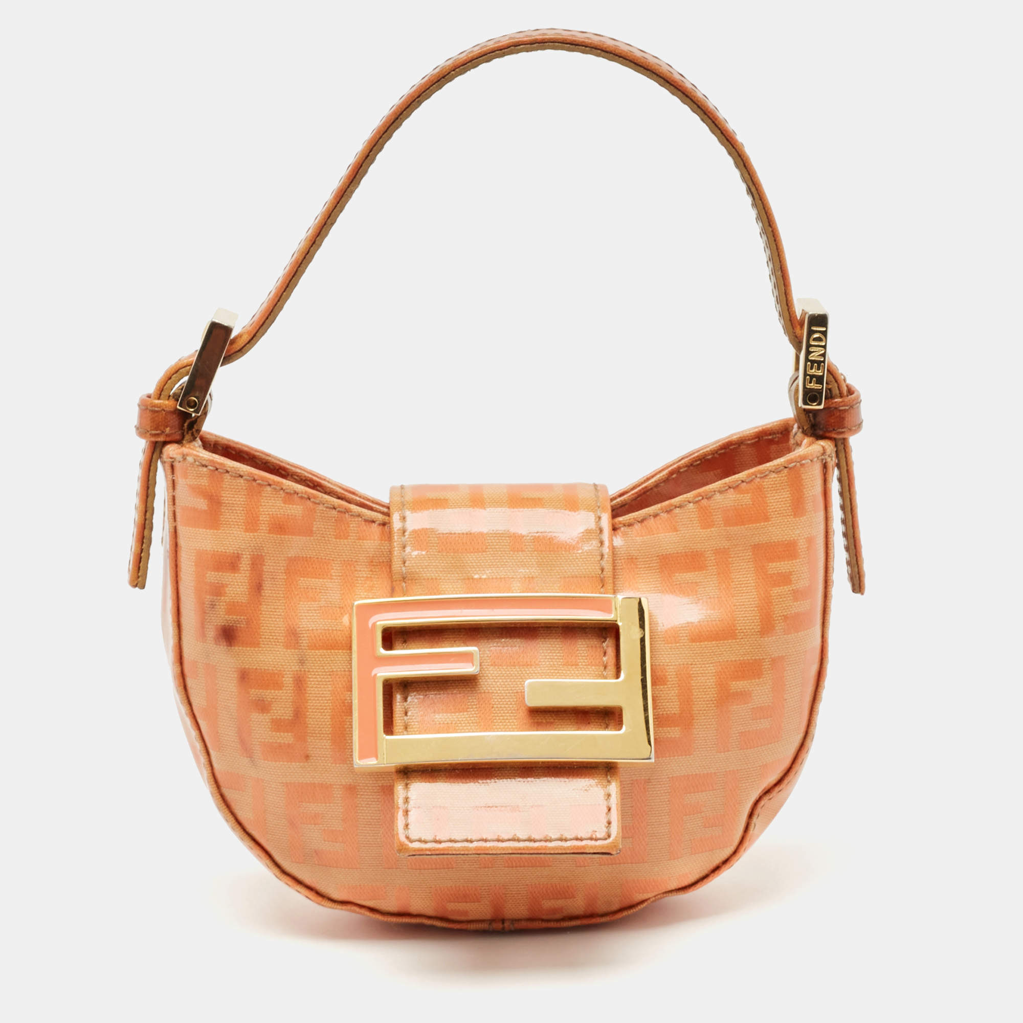 Pre Owned Fendi Orange Zuchinno Coated Fabric Micro Croissant Hobo