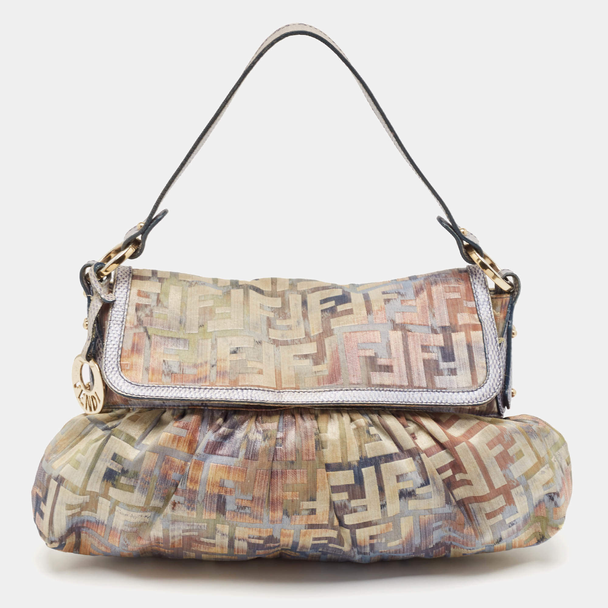 Pre Owned Fendi Multicolor Zucca Fabric and Lizard Embossed Leather Chef Shoulder Bag