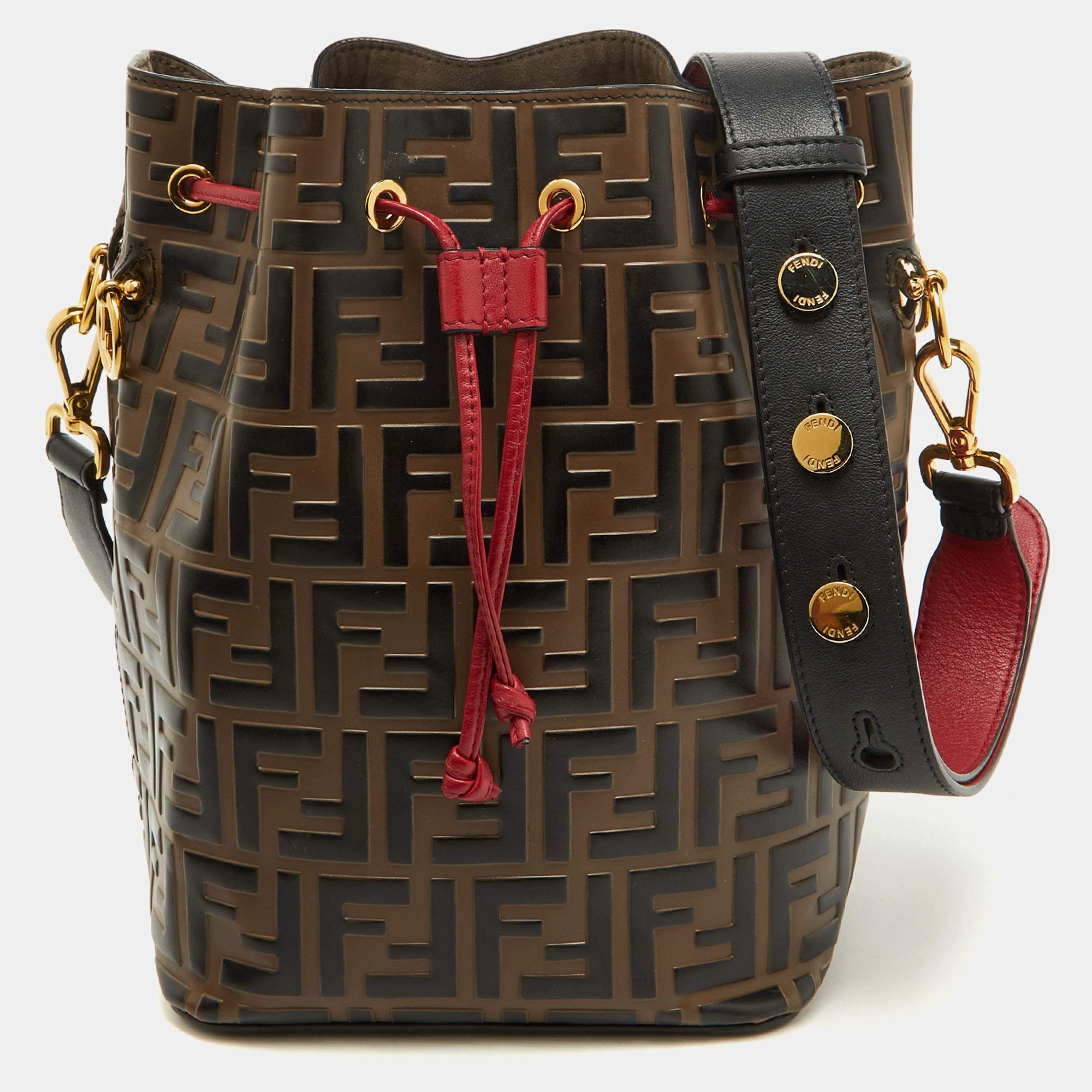 Fendi Brown/Red Zucca Leather Mon Tresor Bucket Bag