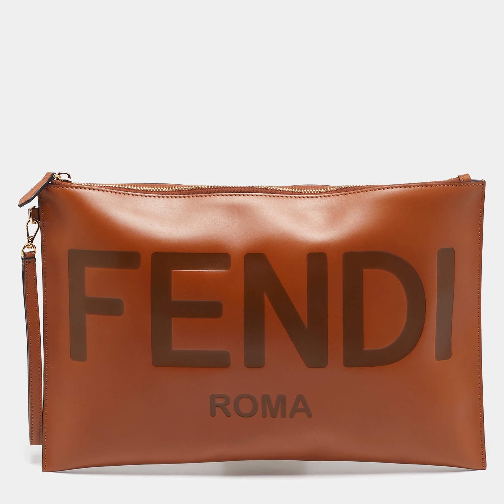 Pre Owned Fendi Brown Leather Flat Zip Wristlet Pouch