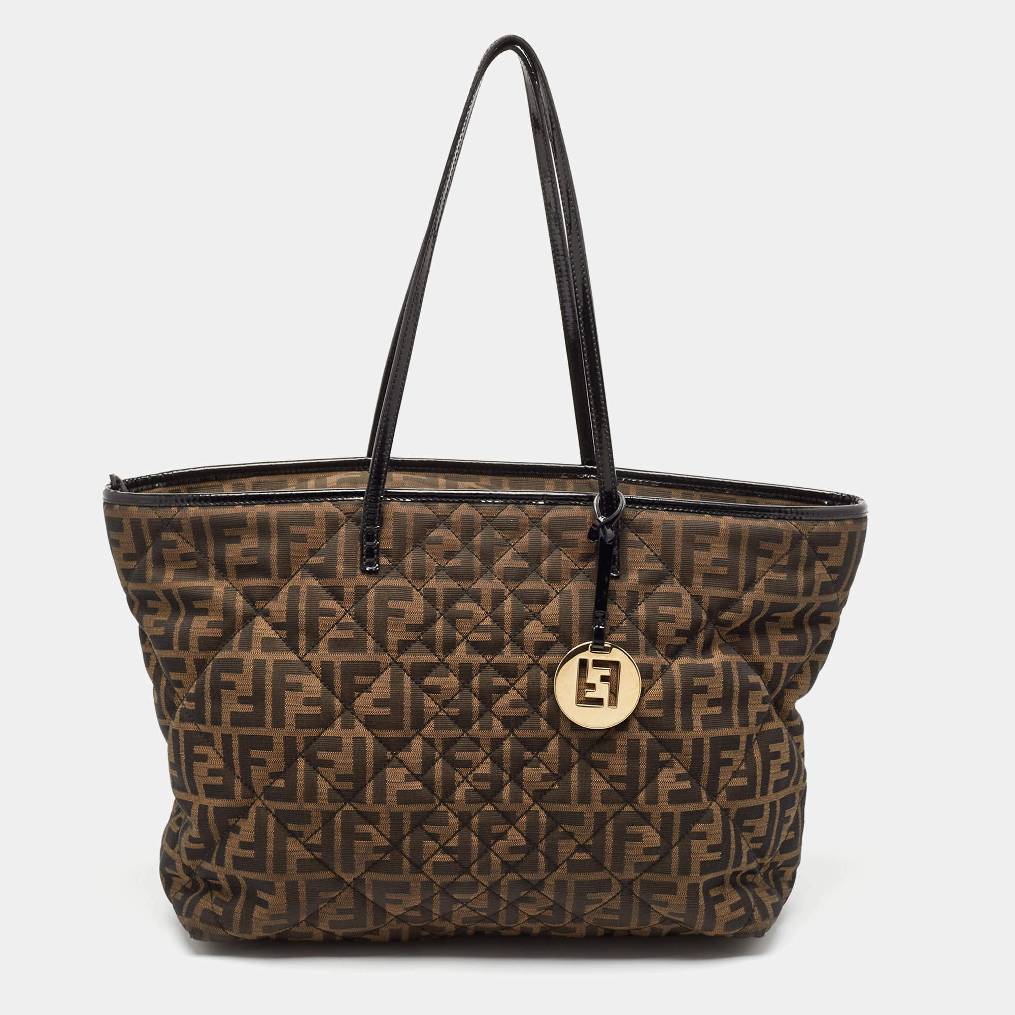 Pre Owned Fendi Black/Tobacco Quilted Zucca Fabric and Patent Leather Roll Tote