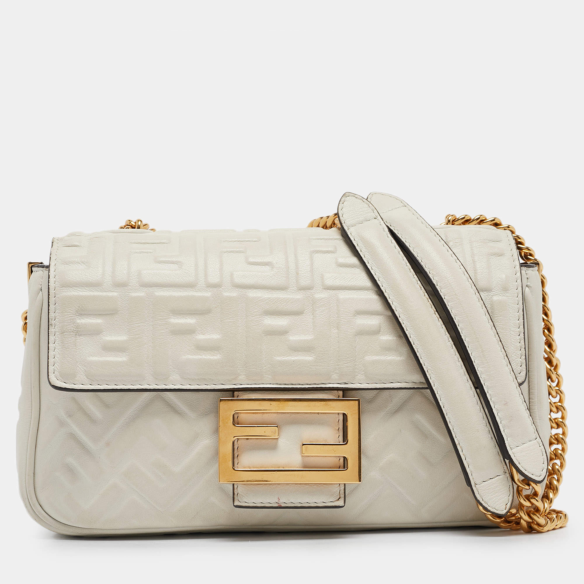 Pre Owned Fendi White FF Embossed Leather Midi Chain Baguette Bag