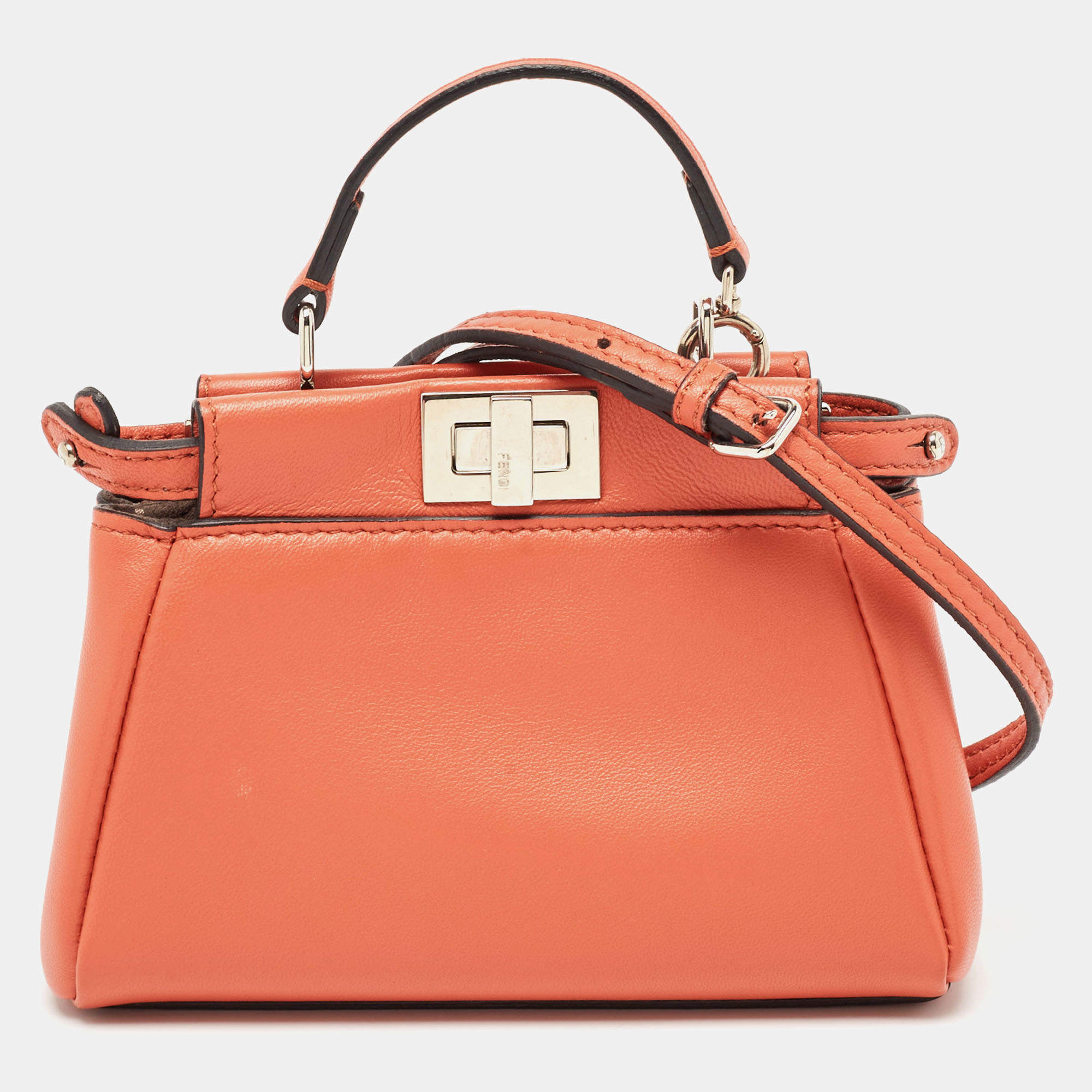 Pre Owned Fendi Brick Brown Leather Micro Peekaboo Top Handle Bag