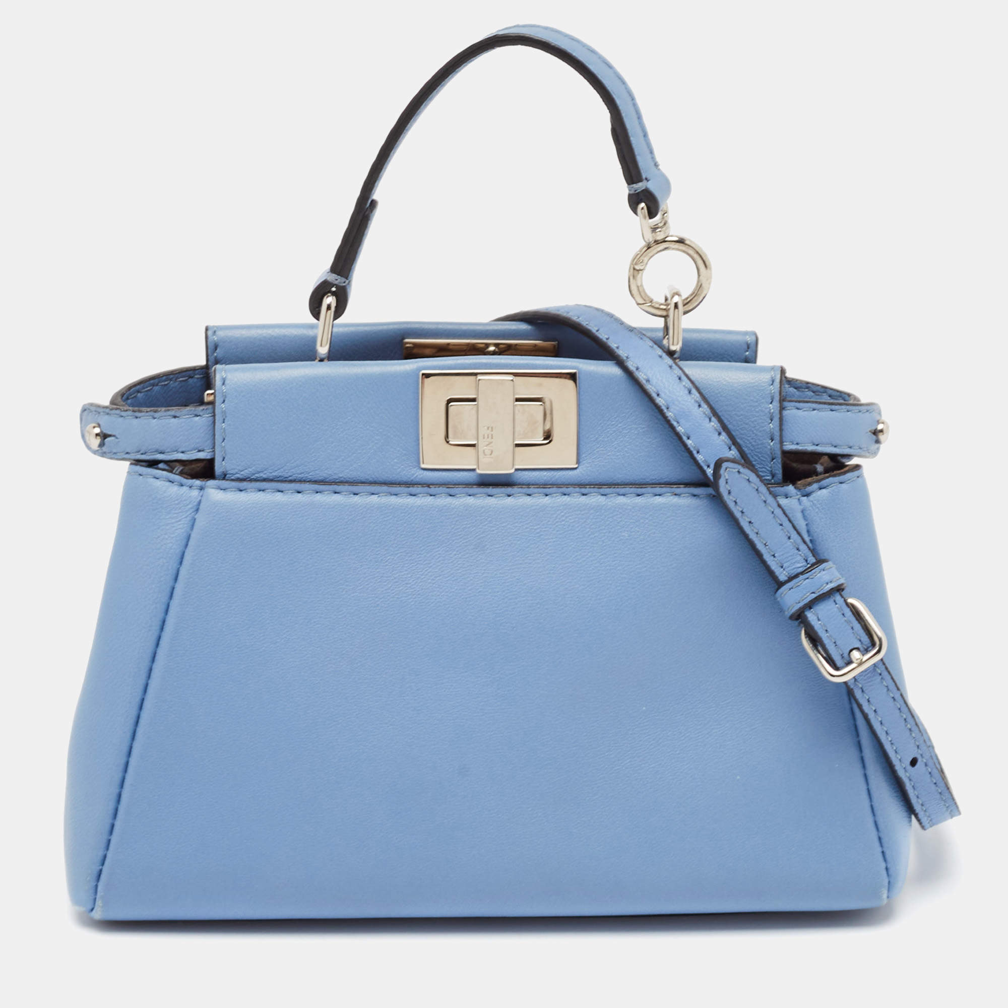 Pre Owned Fendi Light Blue Leather Micro Peekaboo Top Handle Bag