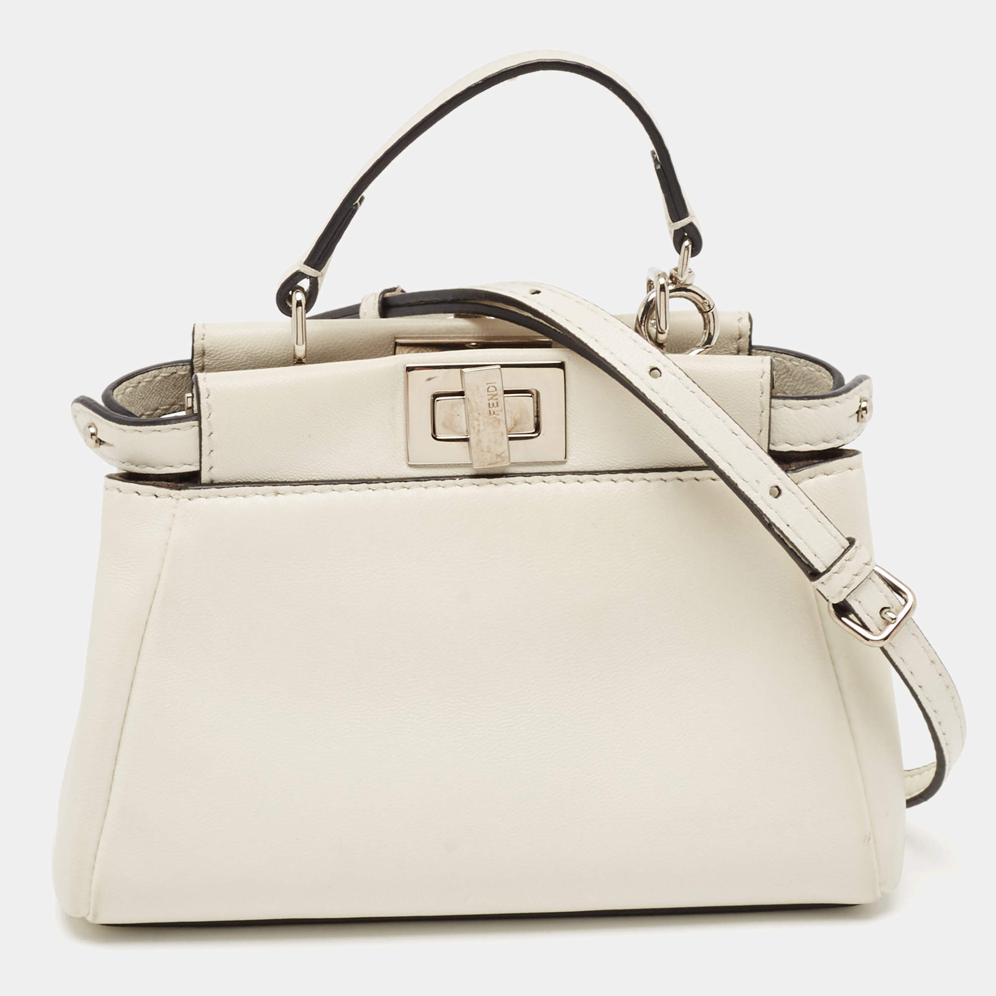 Pre Owned Fendi White Leather Micro Peekaboo Top Handle Bag
