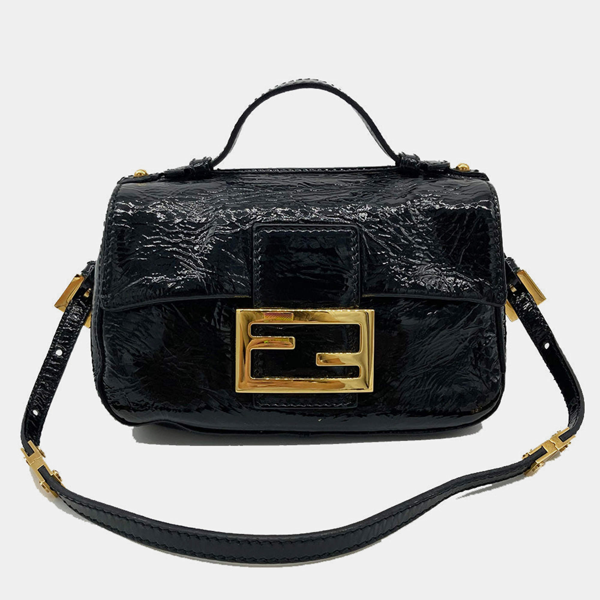 Fendi Black Patent And Silk Zucca Double Mini Baguette