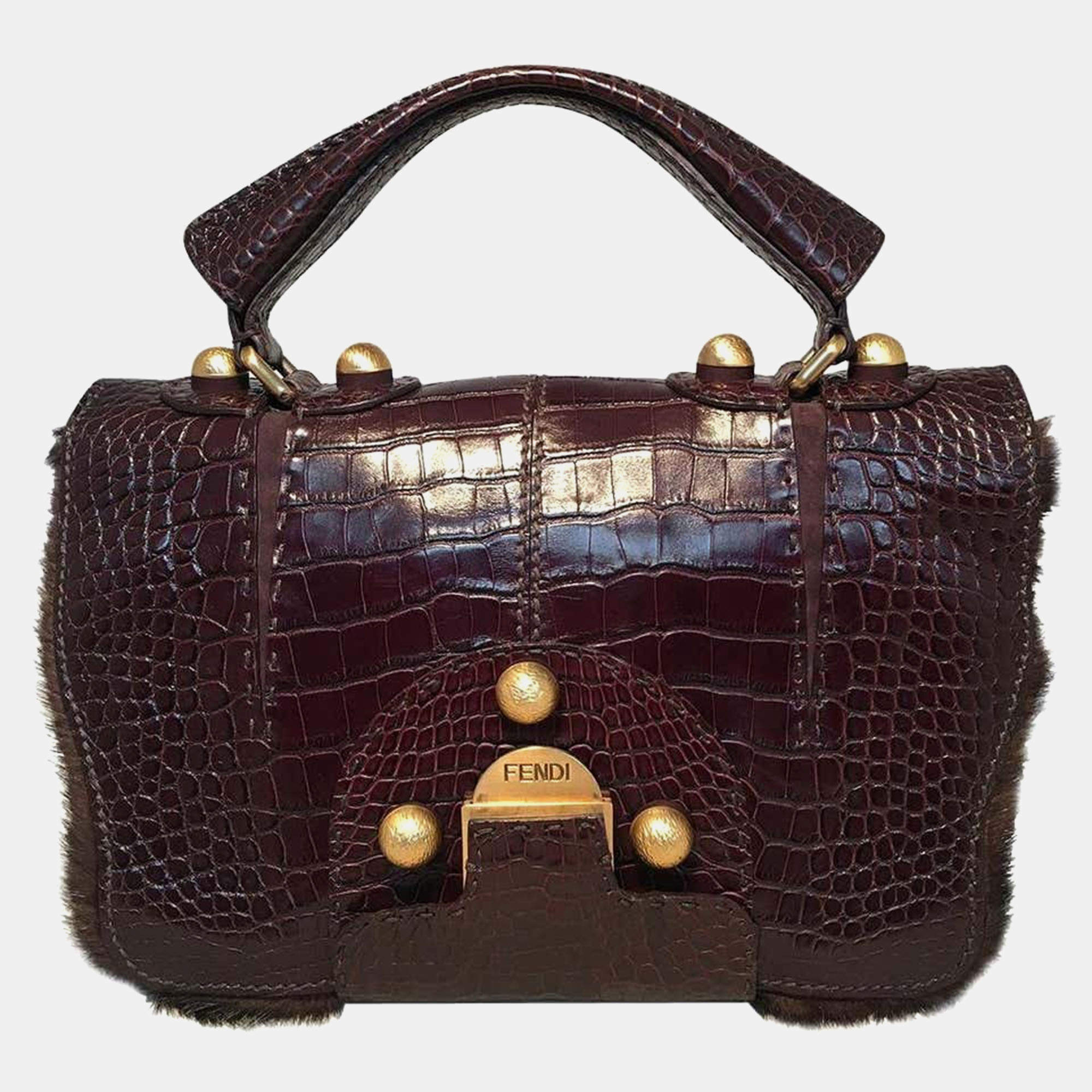 Fendi Brown Alligator And Mink Fur Satchel Handbag